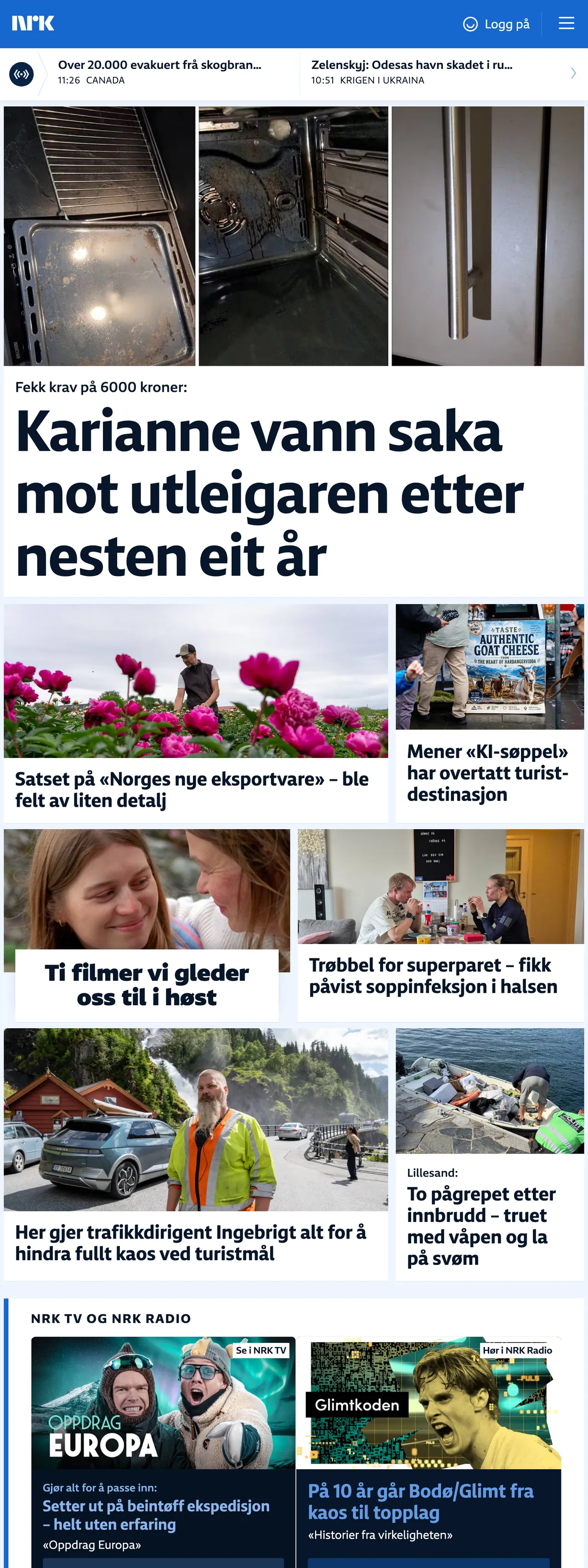 Screenshot of the NRK front page