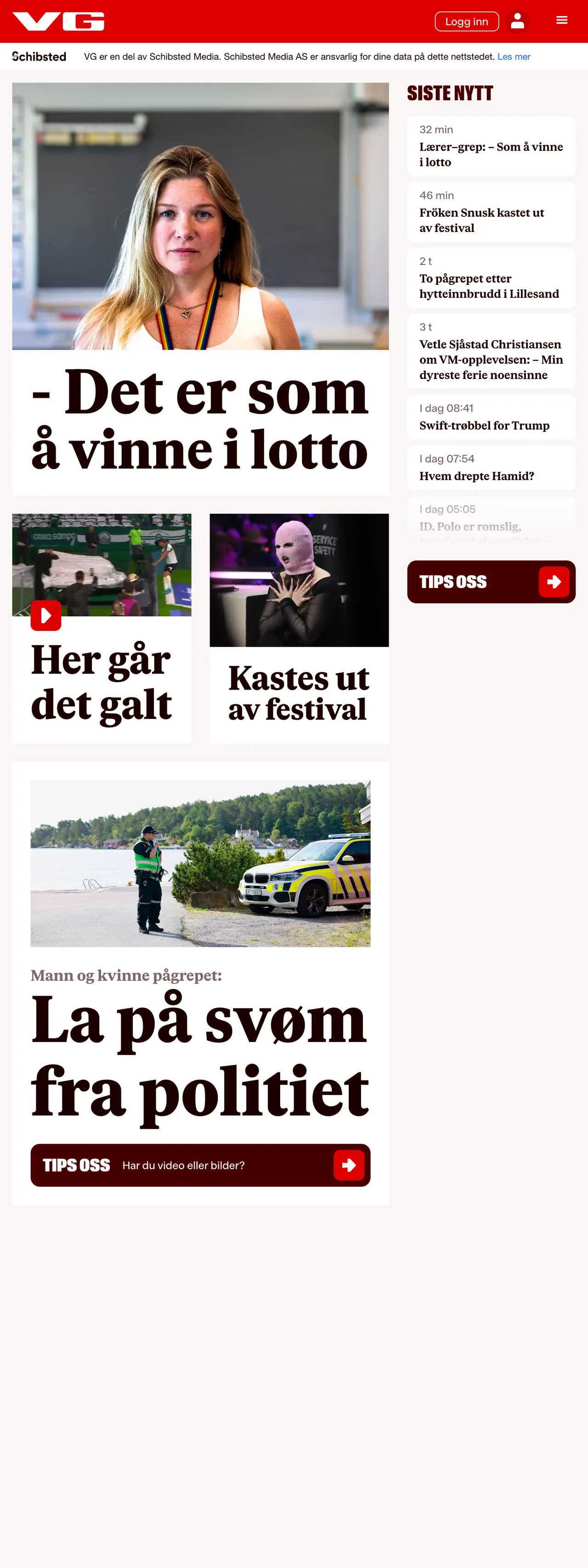 Screenshot of the VG front page