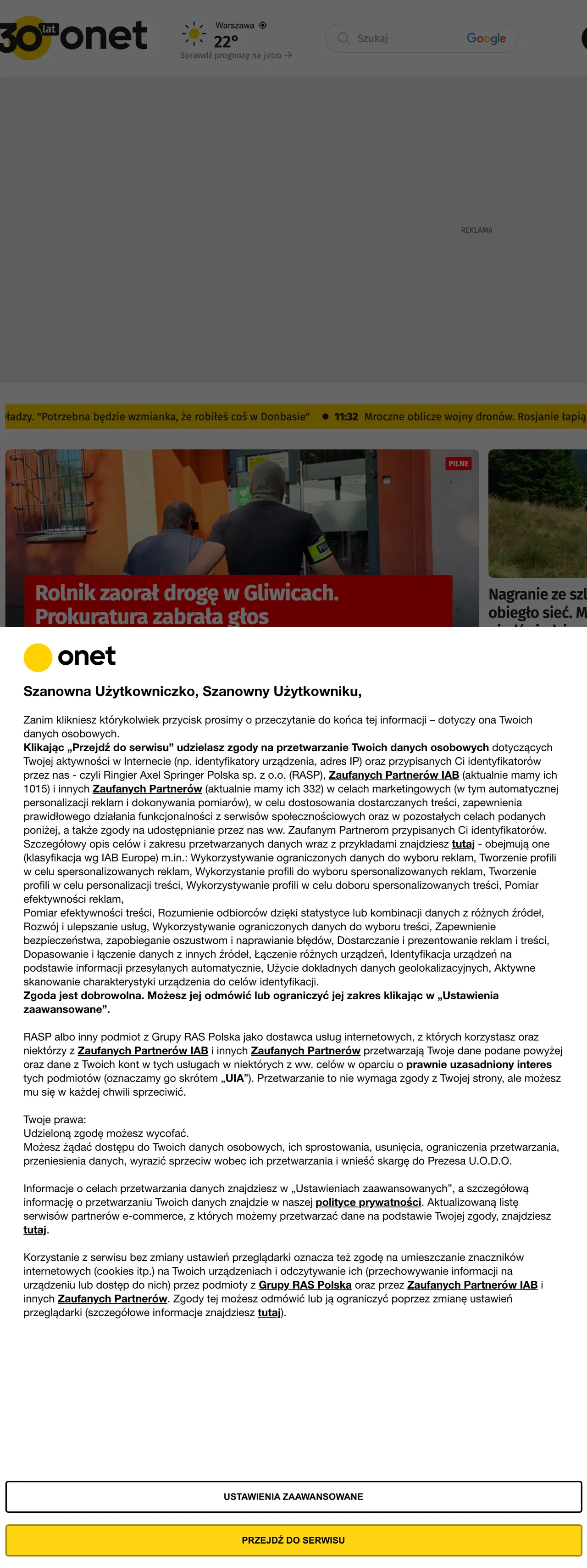 Screenshot of the Onet front page