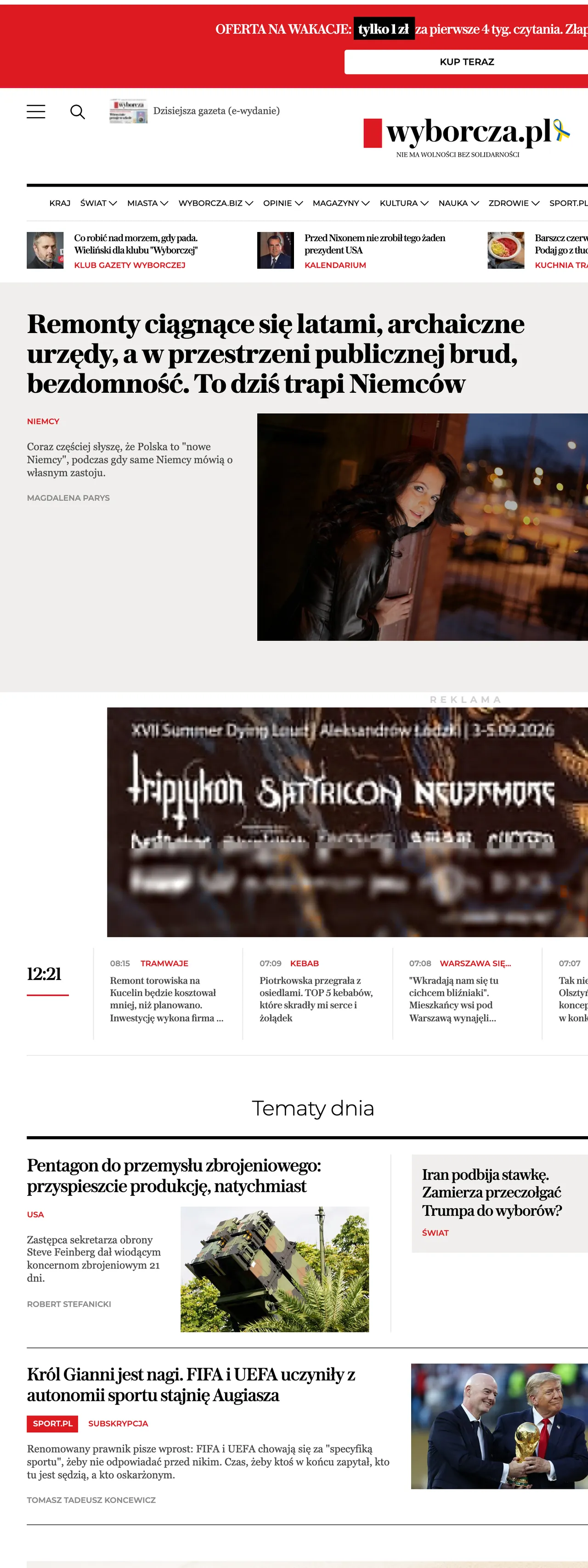 Screenshot of the Wyborcza front page