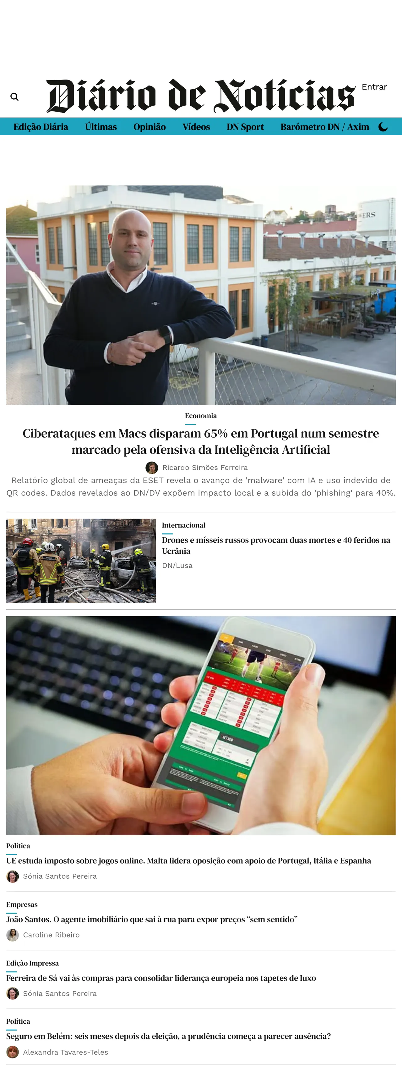 Screenshot of the Diário de Notícias front page