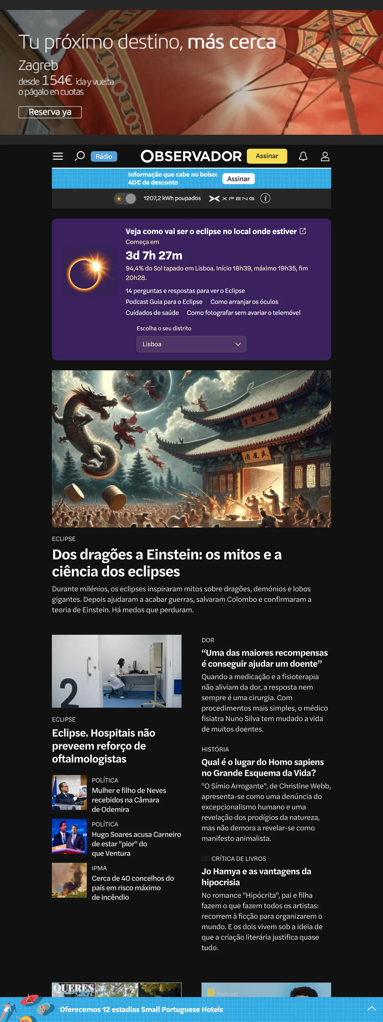 Screenshot of the Observador front page