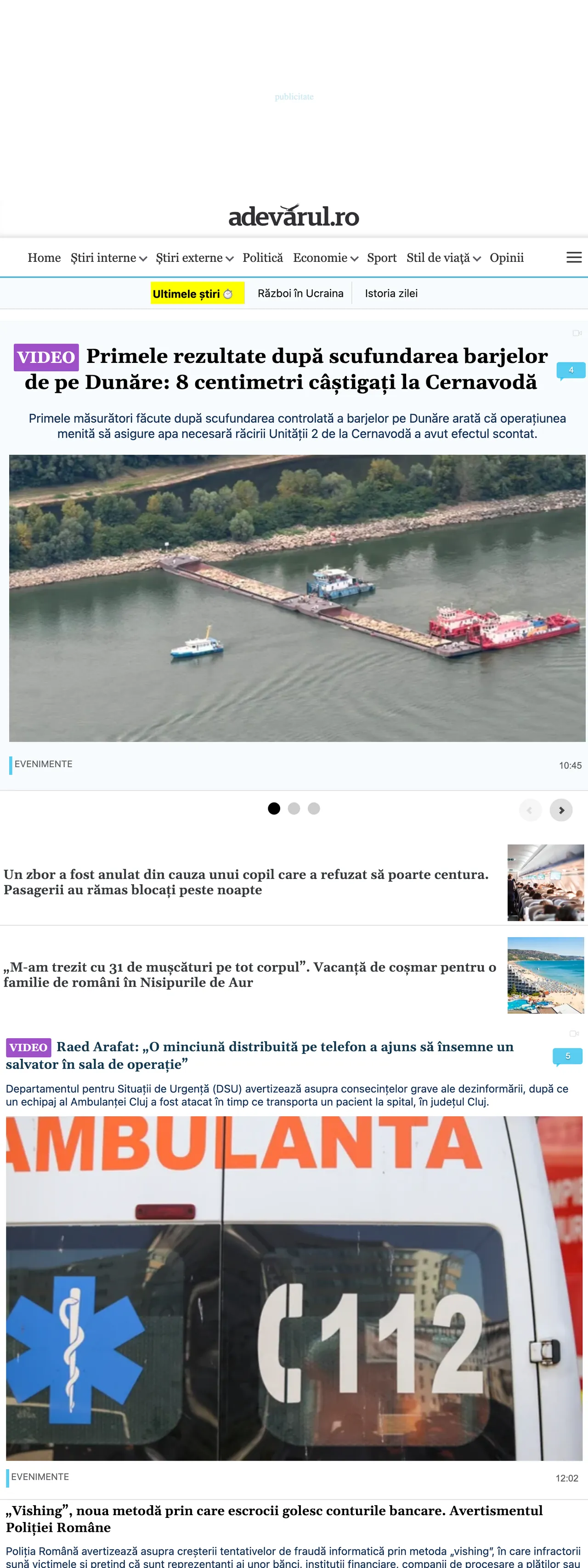 Screenshot of the Adevărul front page