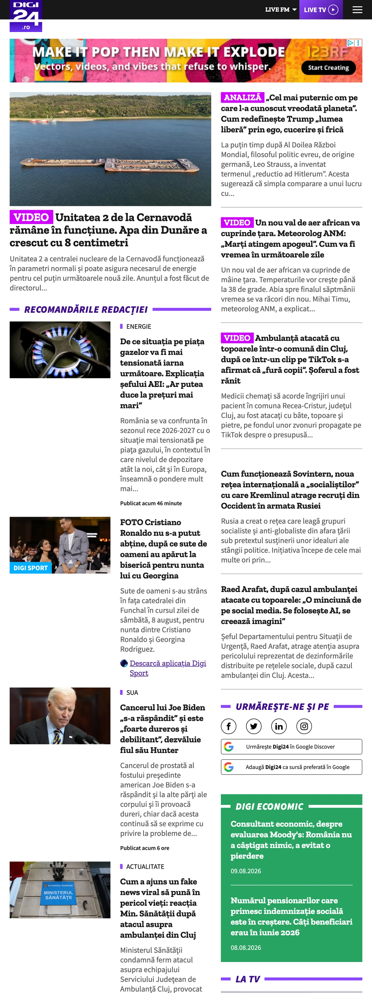 Screenshot of the Digi24 front page