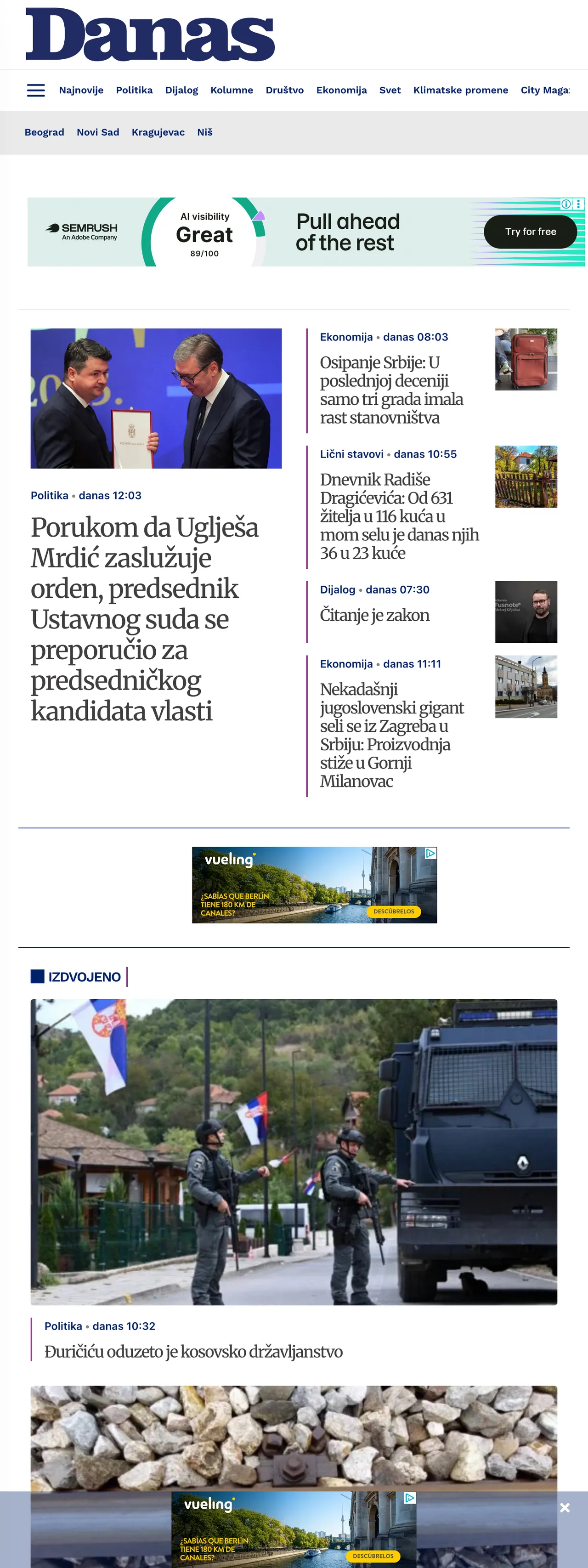 Screenshot of the Danas front page