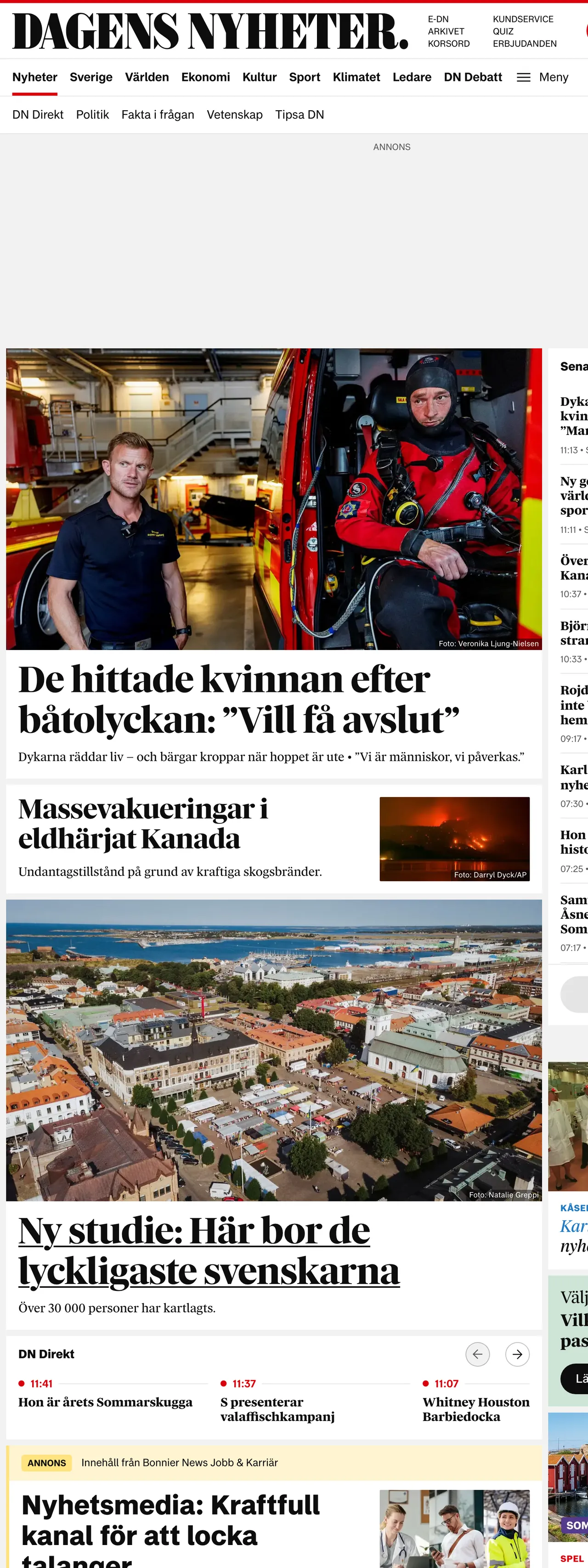 Screenshot of the Dagens Nyheter front page