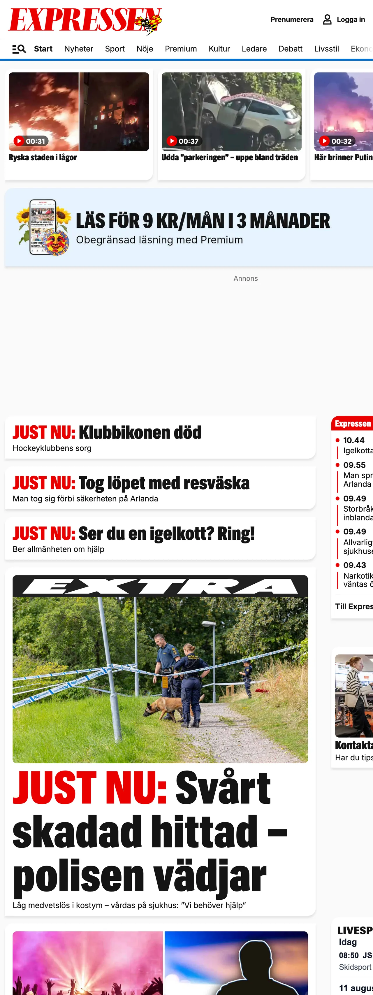 Screenshot of the Expressen front page