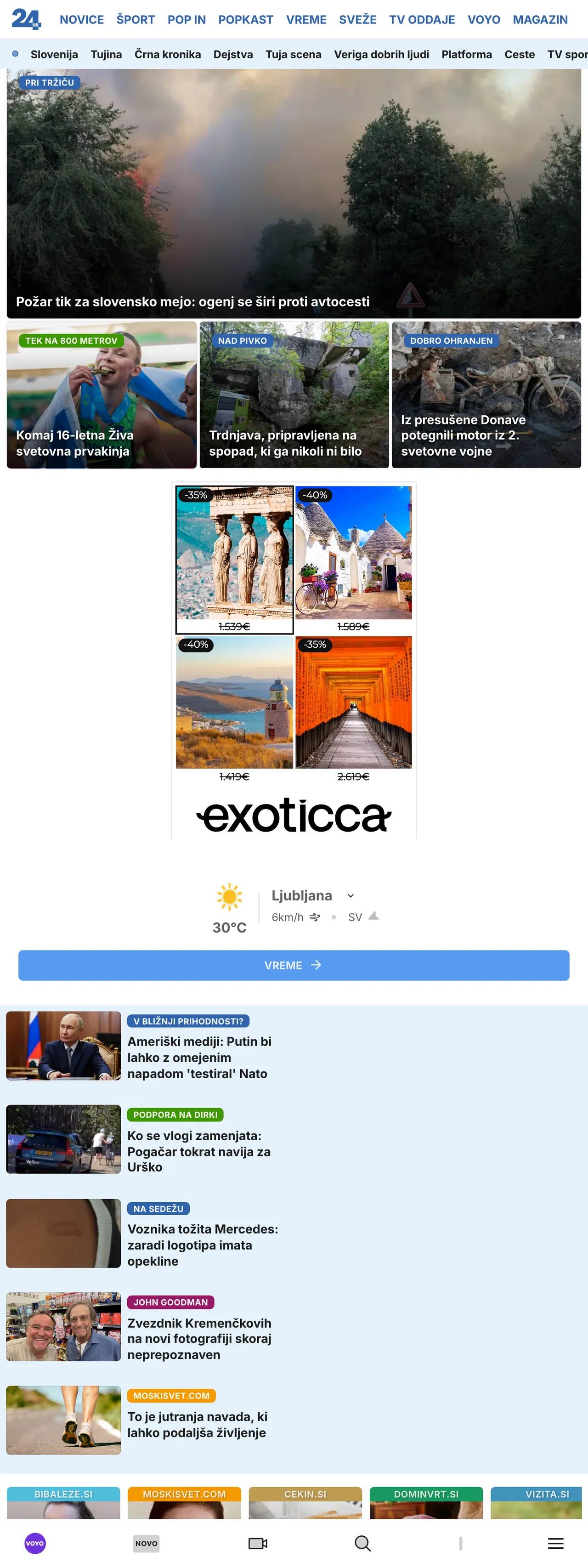 Screenshot of the 24ur front page