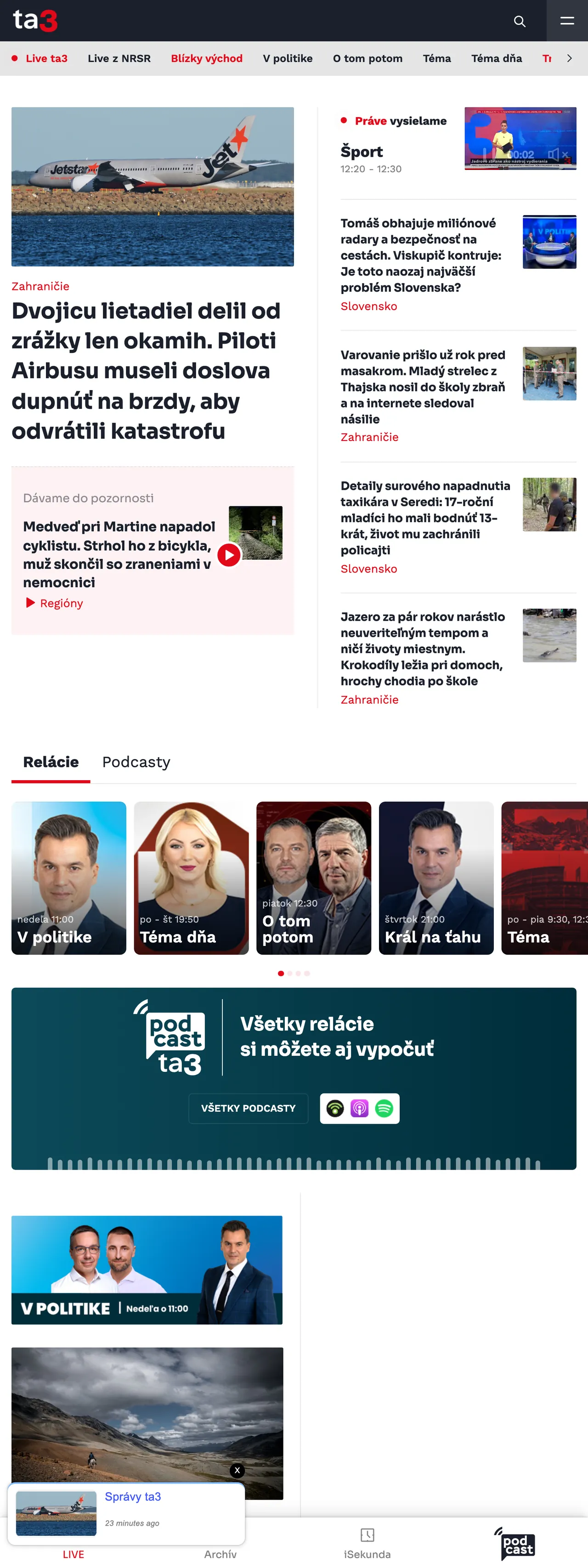 Screenshot of the TA3 front page