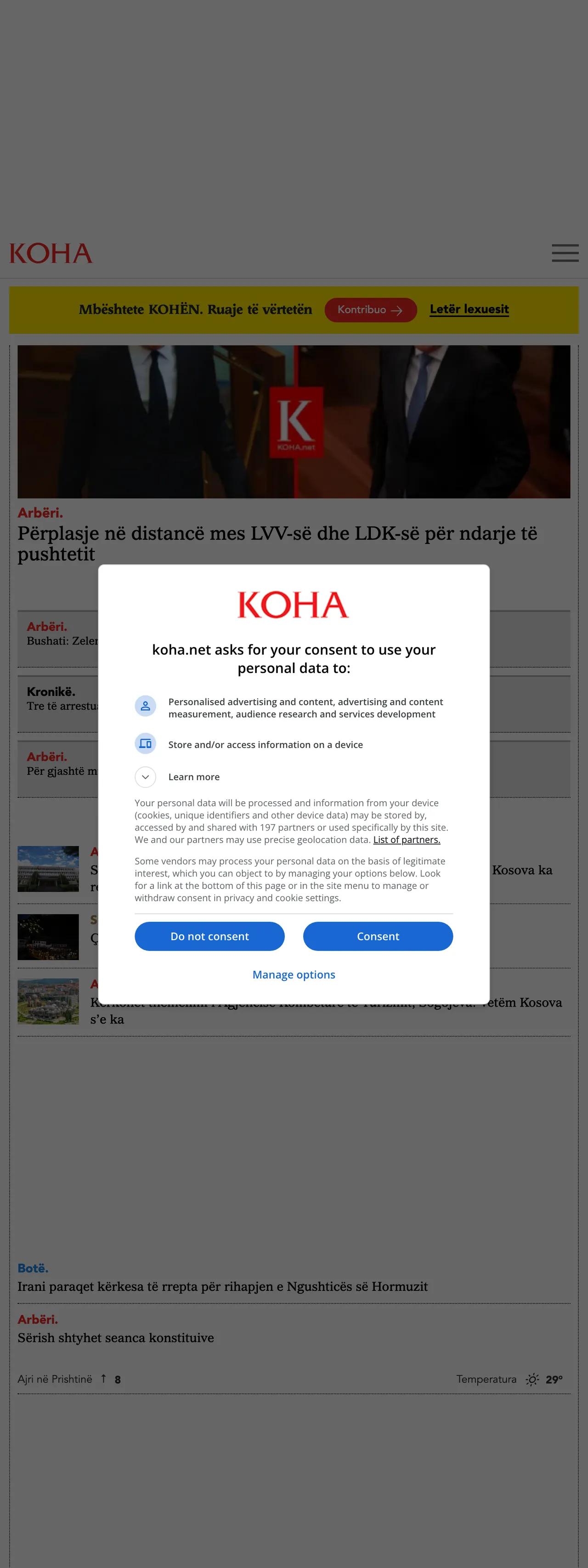Screenshot of the Koha Ditore front page