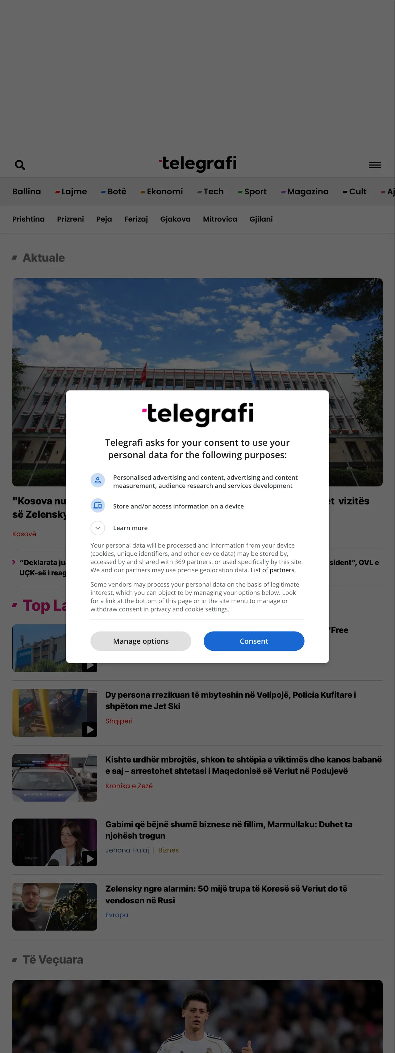 Screenshot of the Telegrafi front page
