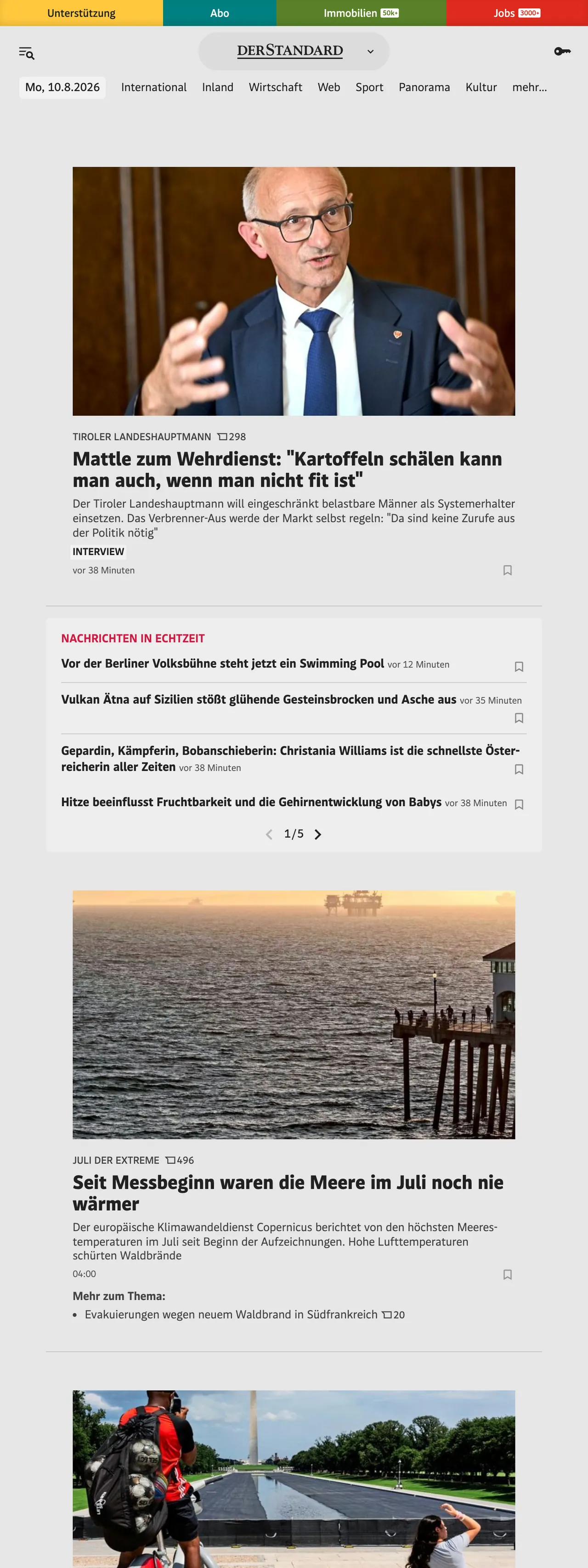 Screenshot of the DER STANDARD front page