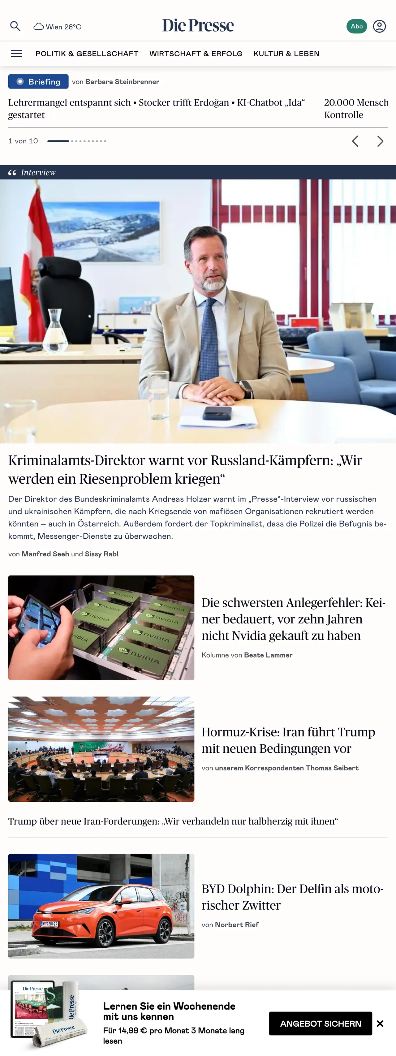Screenshot of the Die Presse front page