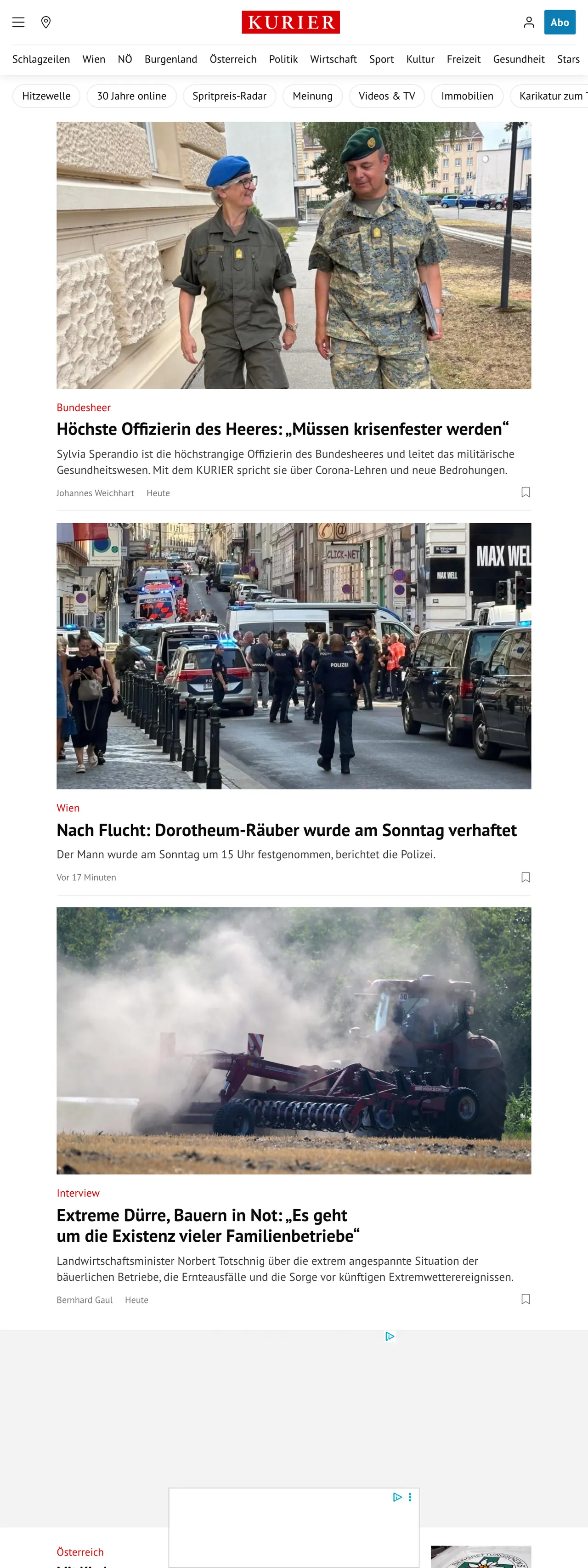 Screenshot of the Kurier front page