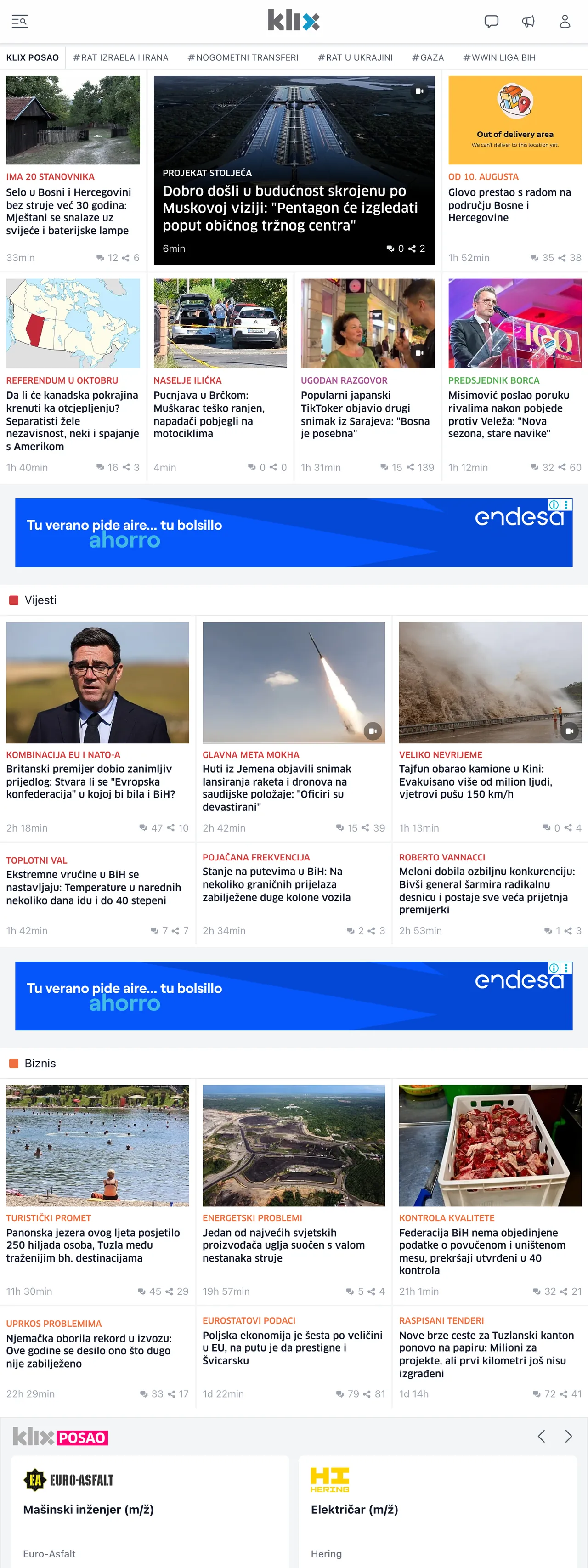 Screenshot of the Klix.ba front page