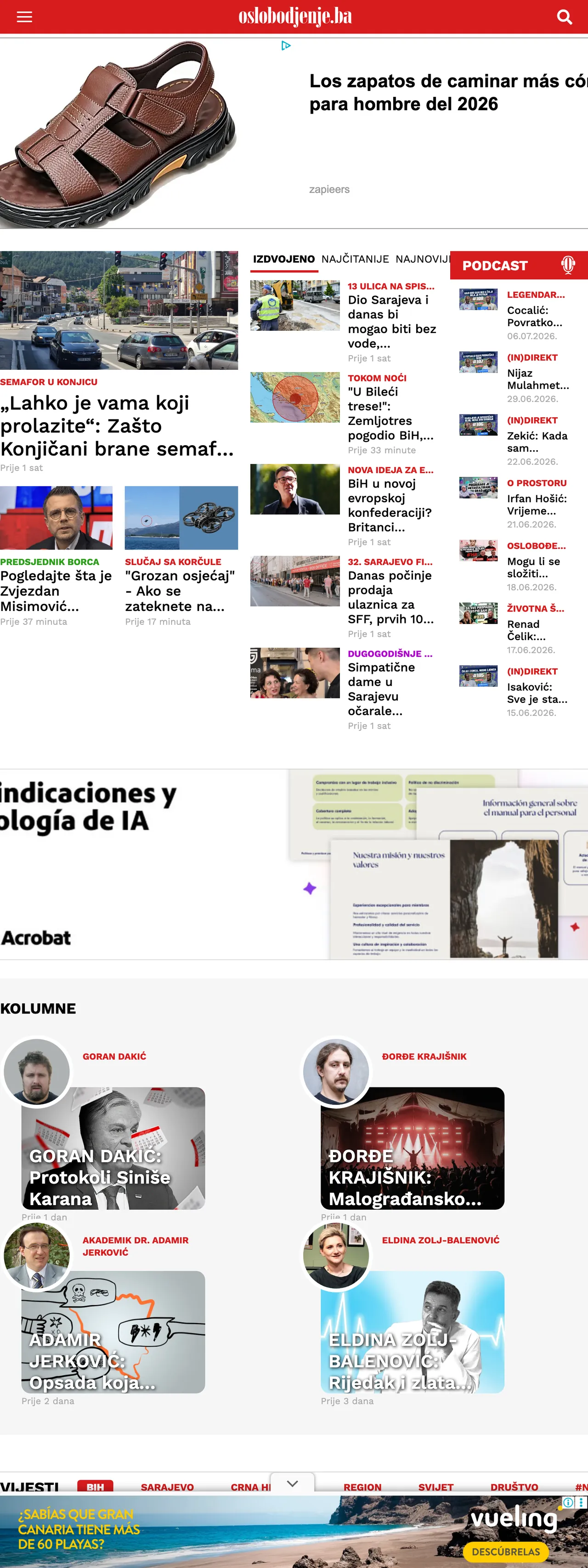 Screenshot of the Oslobođenje front page