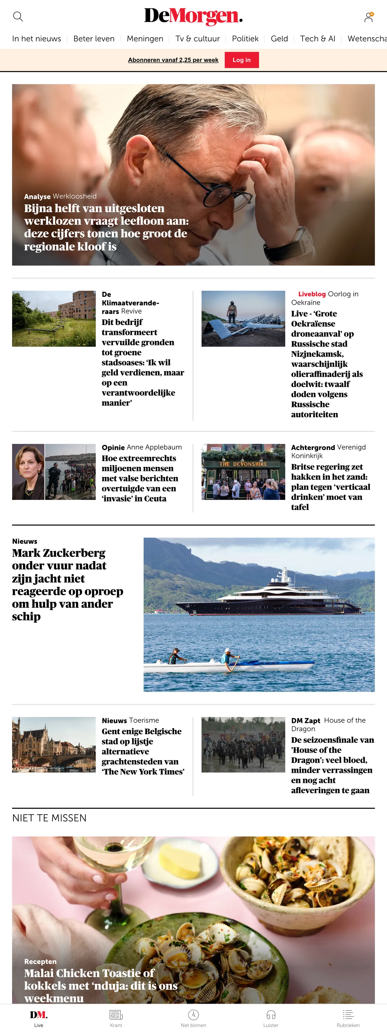 Screenshot of the De Morgen front page