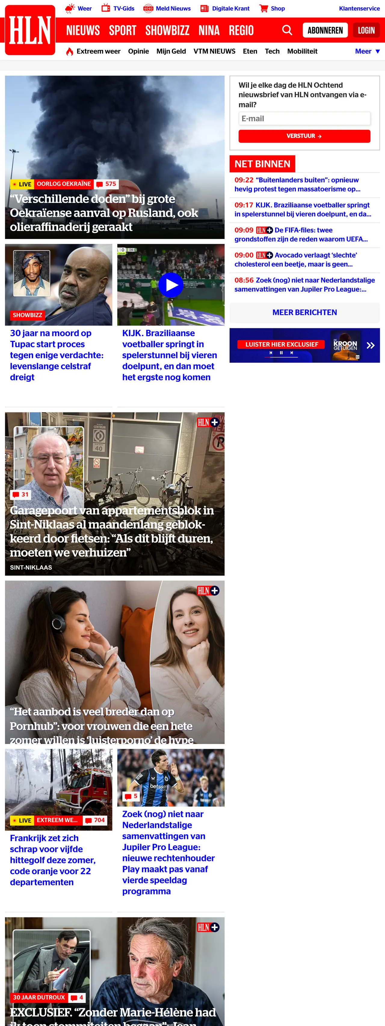 Screenshot of the HLN front page