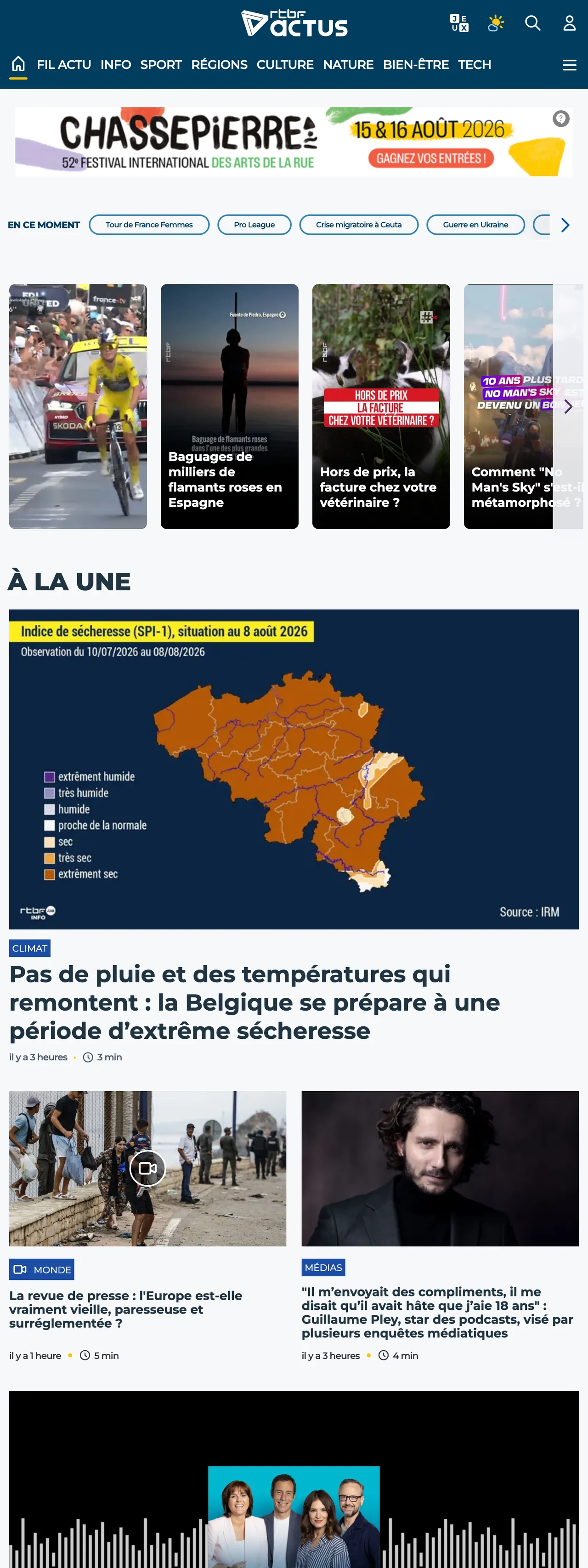 Screenshot of the RTBF front page