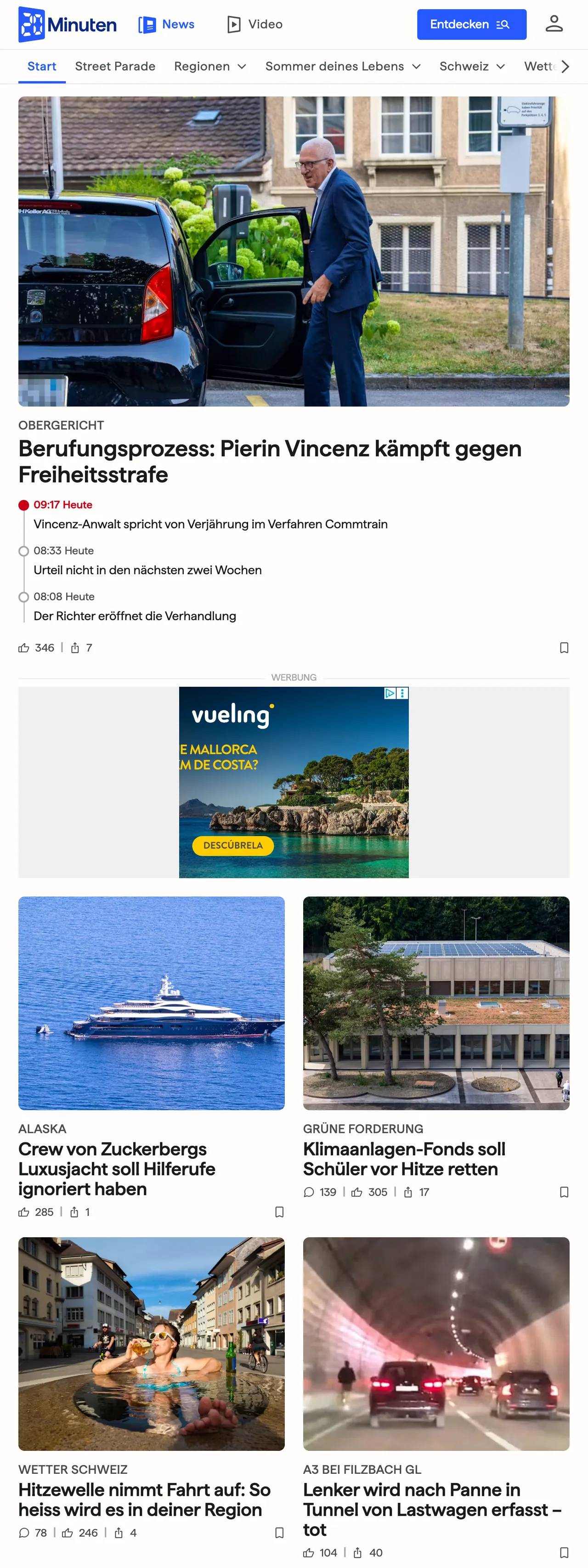 Screenshot of the 20 Minuten front page