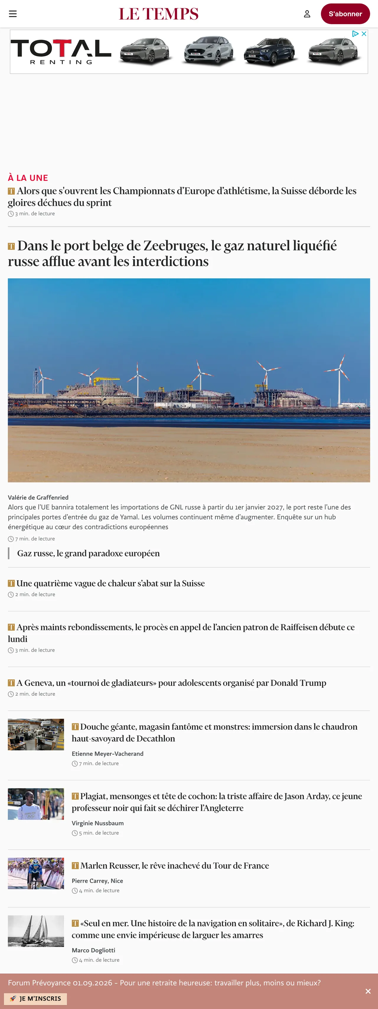 Screenshot of the Le Temps front page