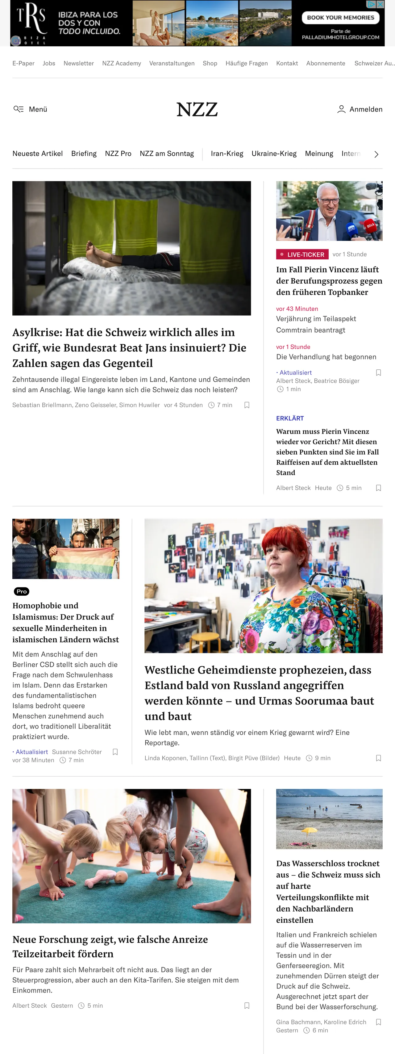 Screenshot of the Neue Zürcher Zeitung front page