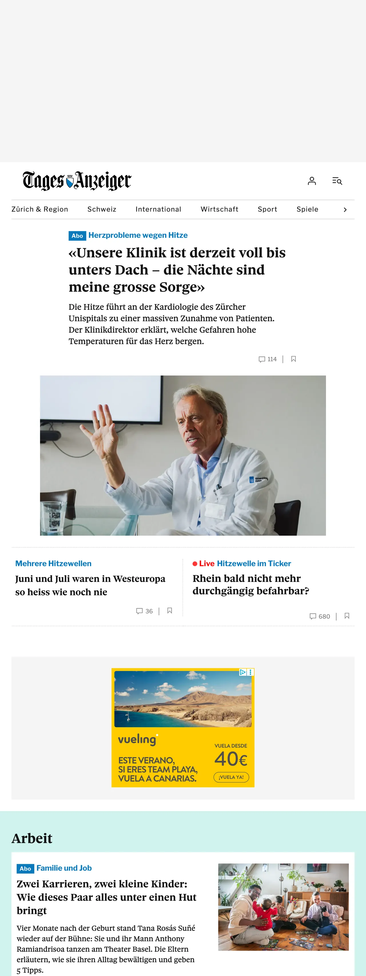Screenshot of the Tages-Anzeiger front page