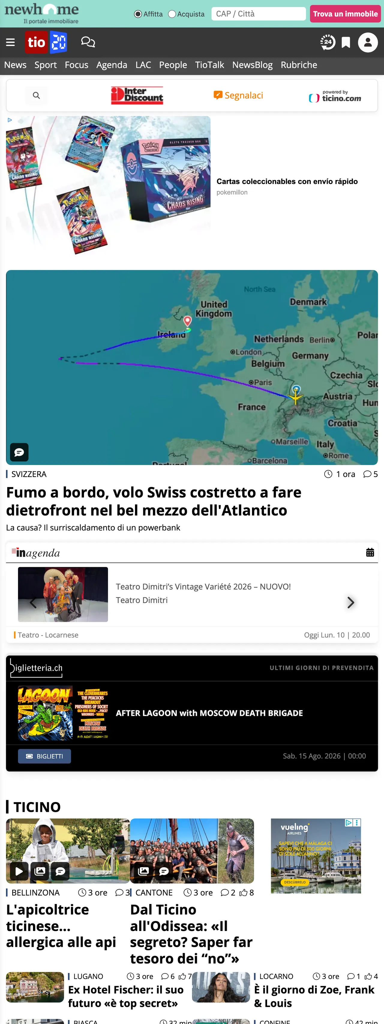 Screenshot of the Ticinonline front page