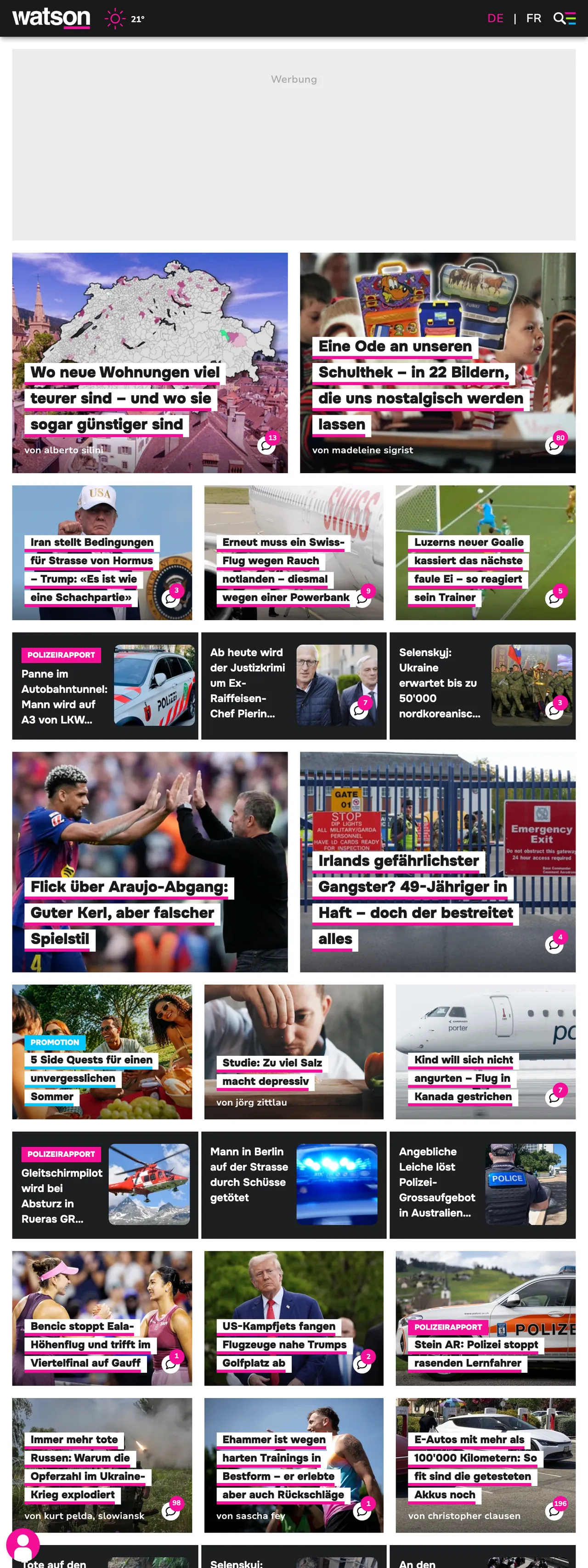 Screenshot of the watson front page