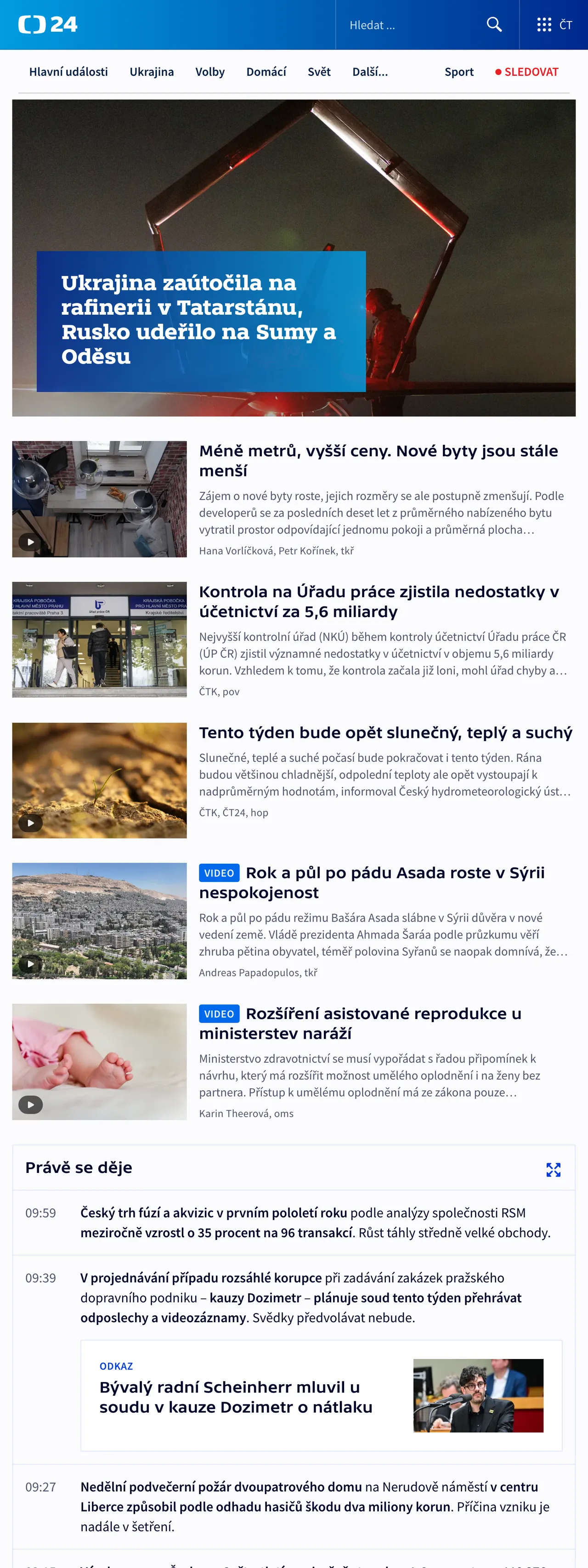Screenshot of the ČT24 front page