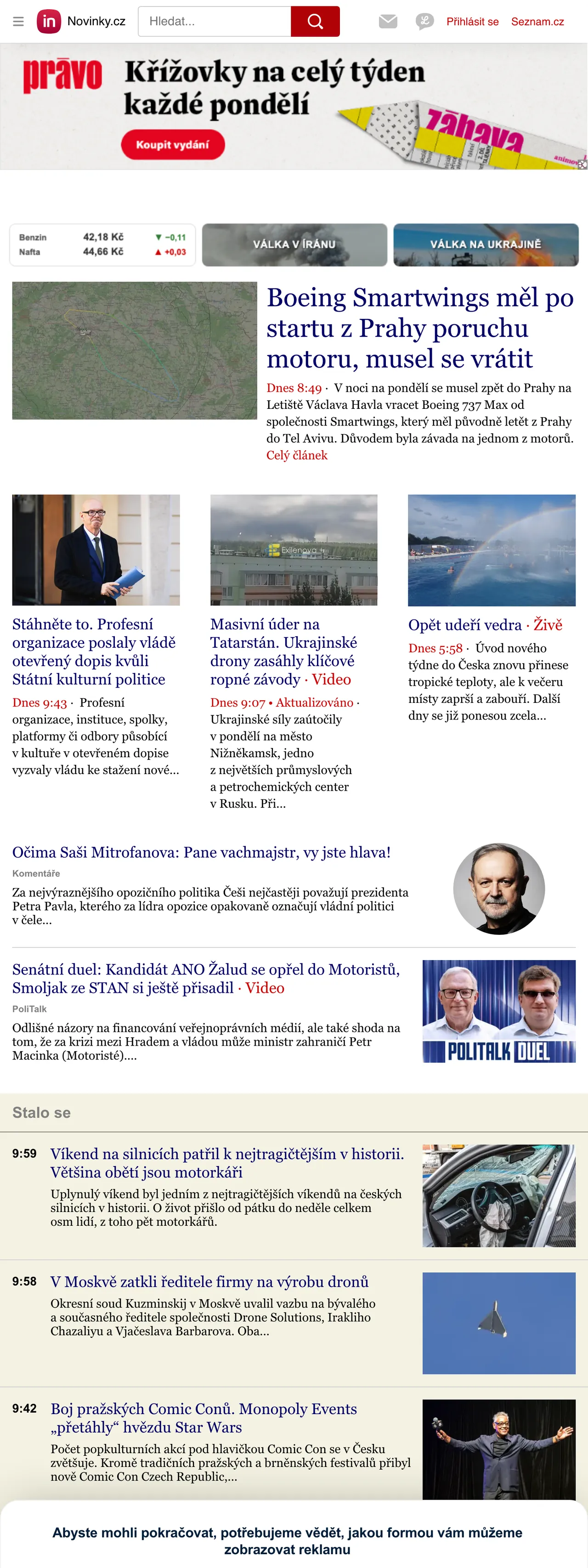 Screenshot of the Novinky.cz front page
