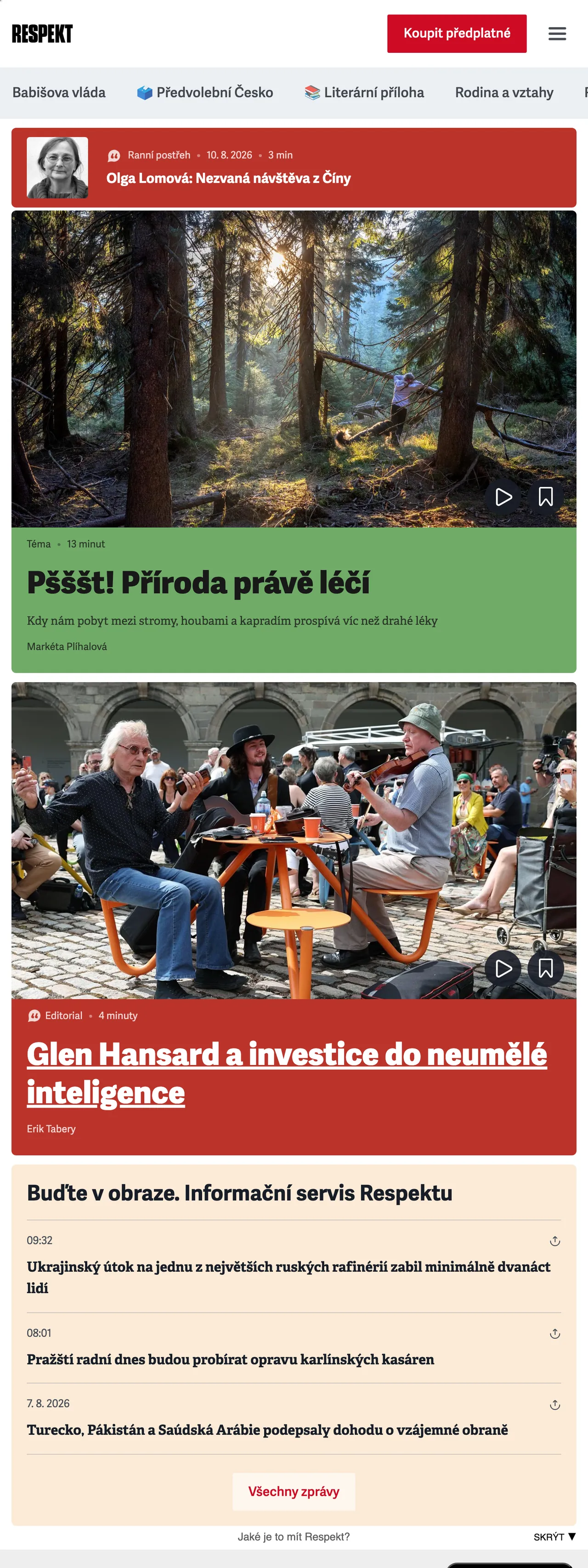 Screenshot of the Respekt front page