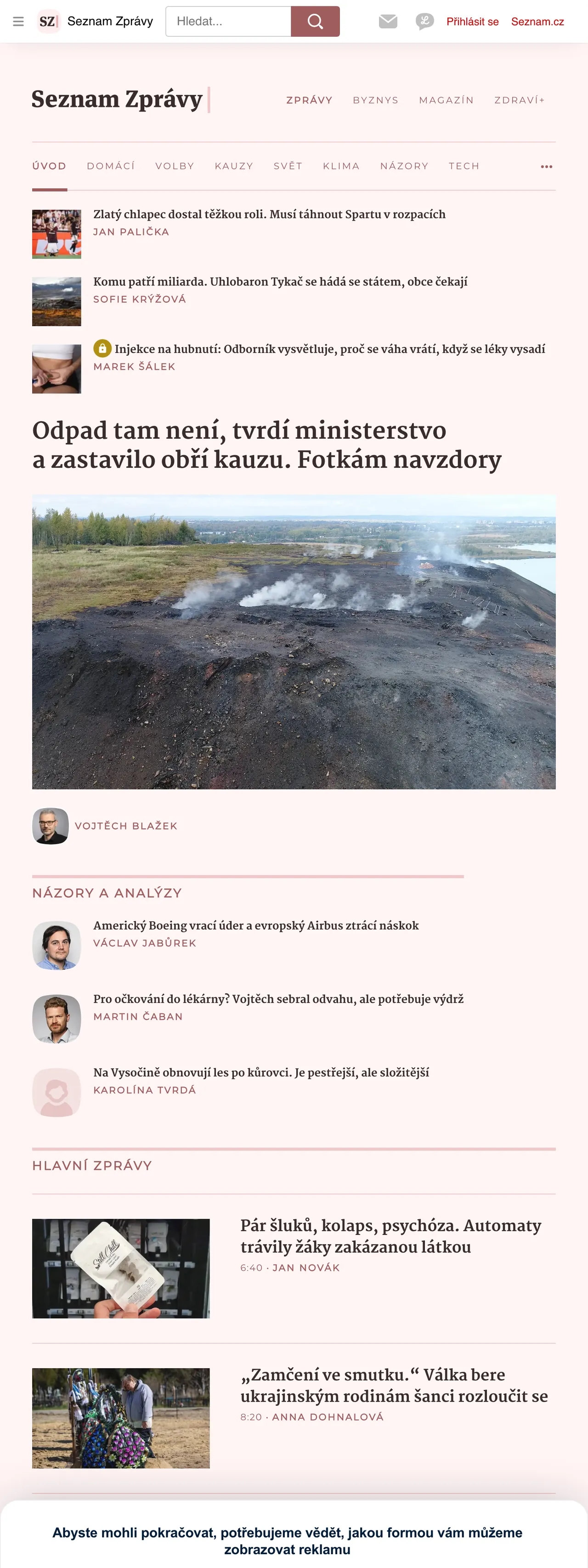 Screenshot of the Seznam Zprávy front page