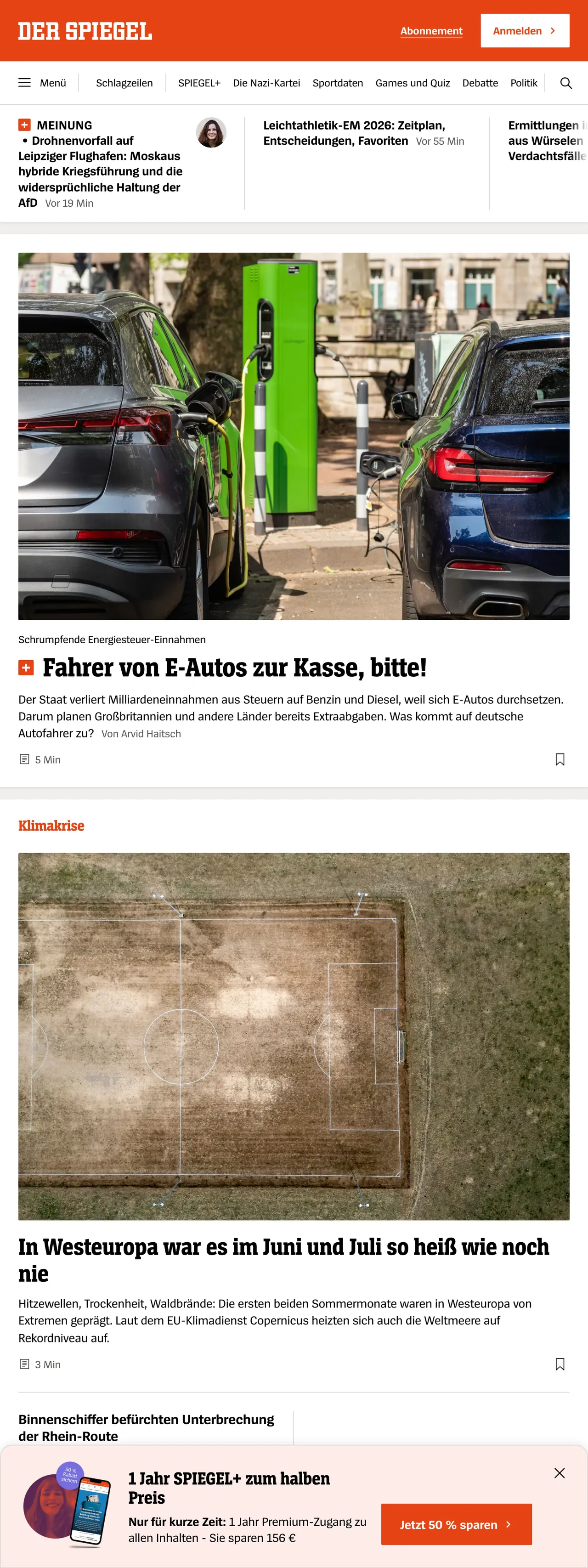 Screenshot of the DER SPIEGEL front page