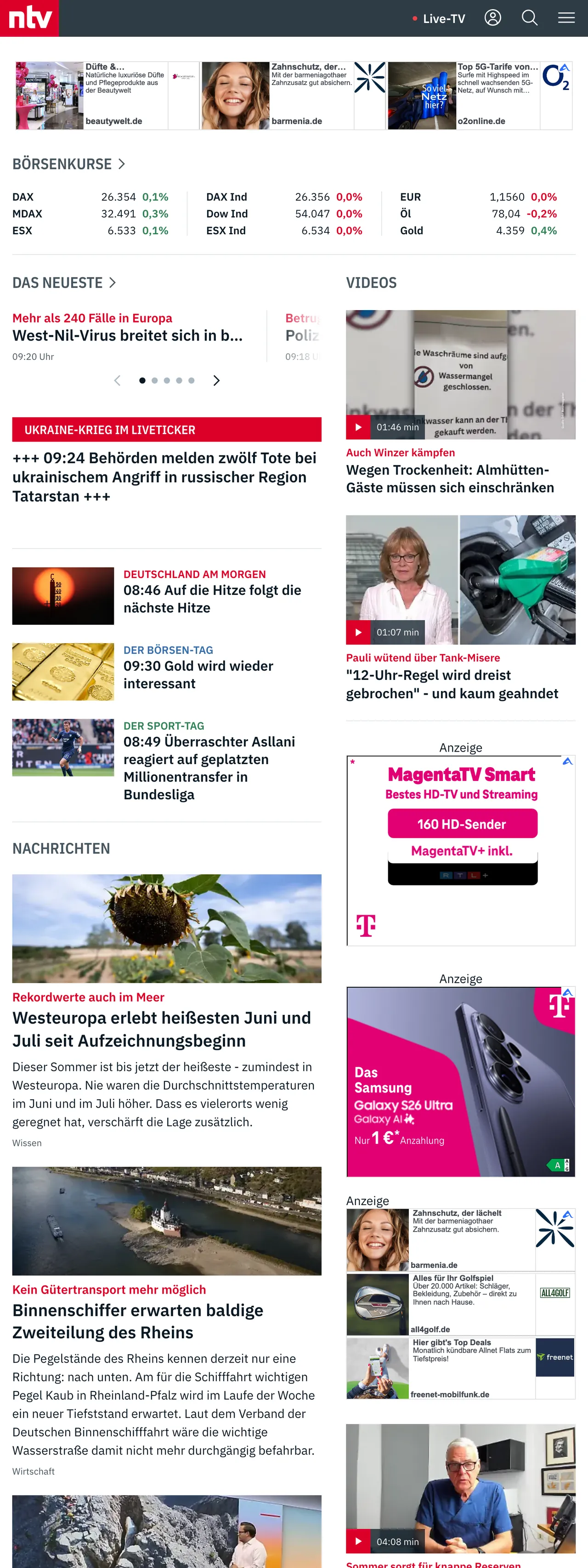 Screenshot of the n-tv front page