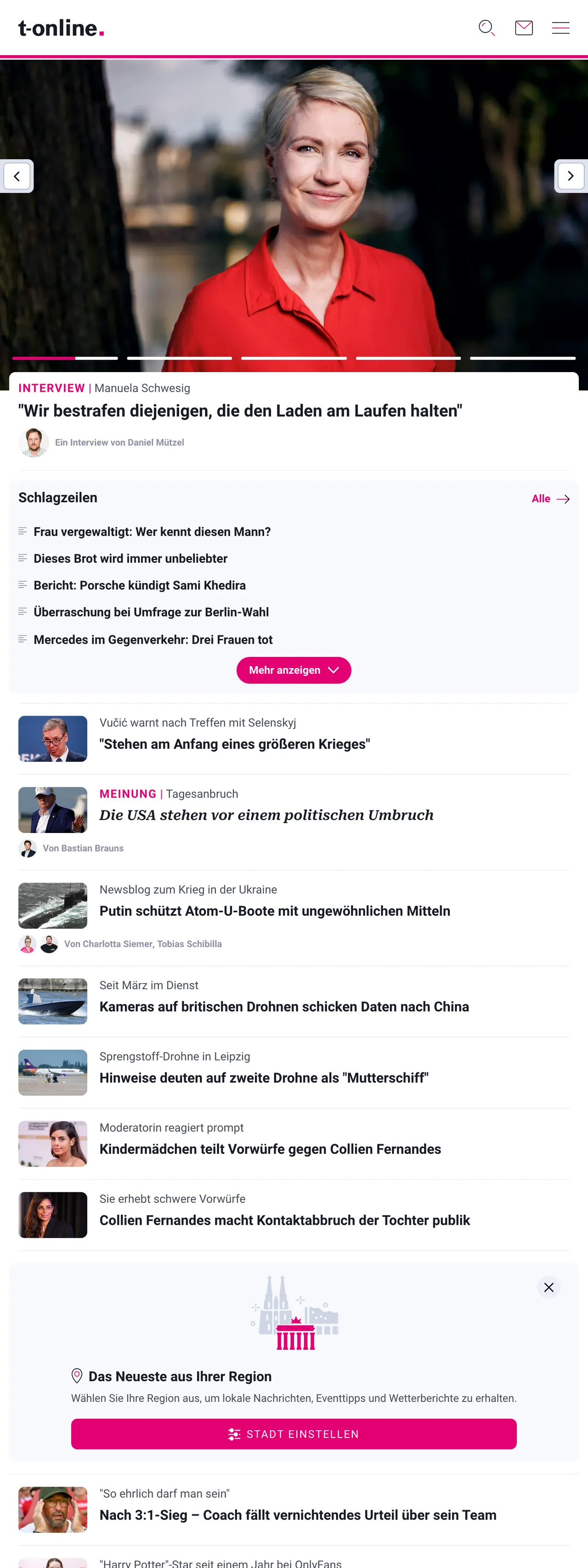 Screenshot of the t-online front page