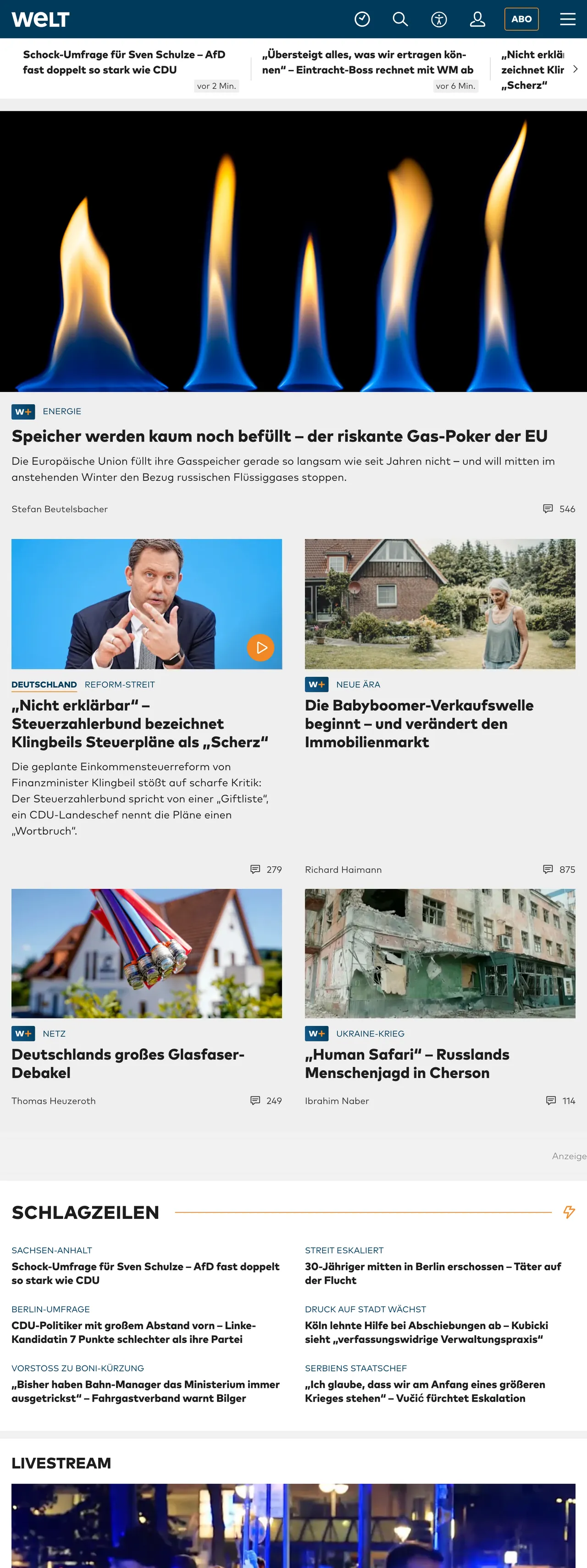 Screenshot of the WELT front page