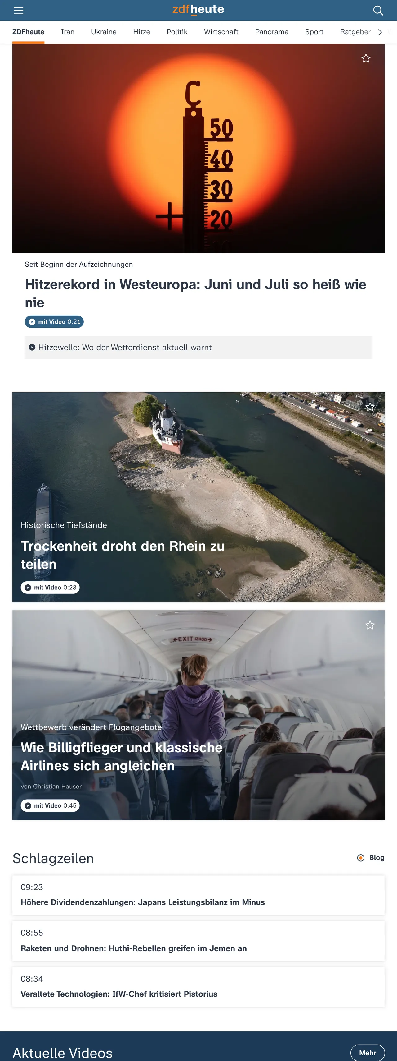 Screenshot of the ZDFheute front page