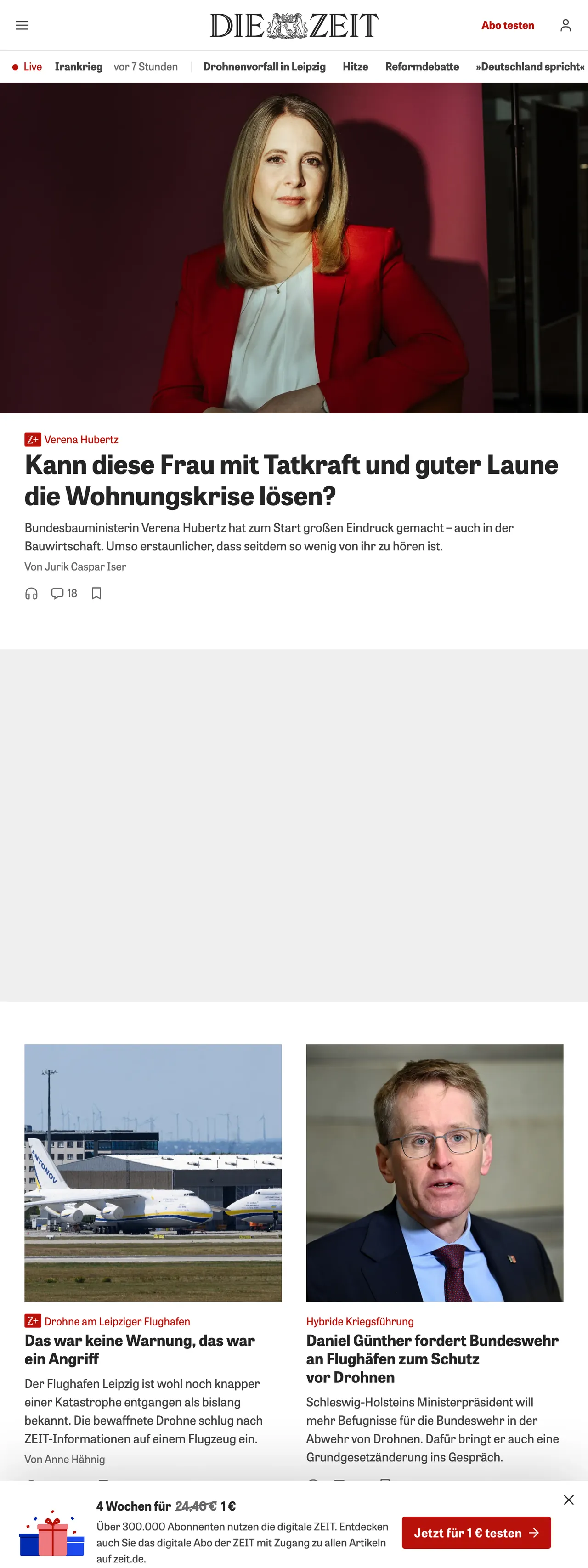 Screenshot of the ZEIT ONLINE front page