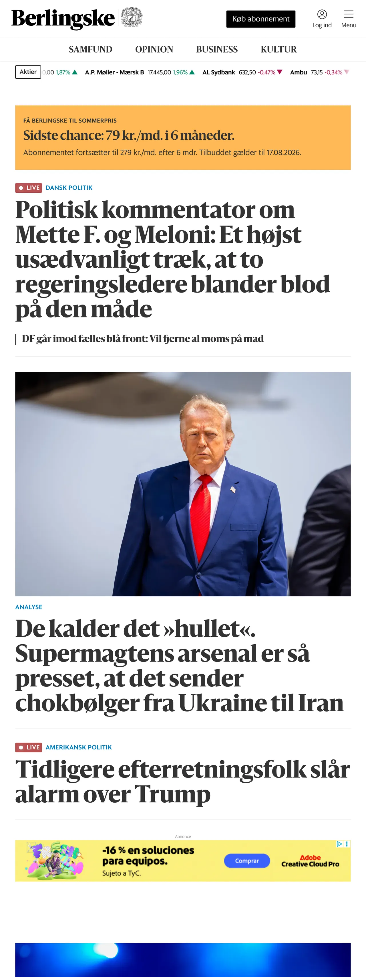 Screenshot of the Berlingske front page