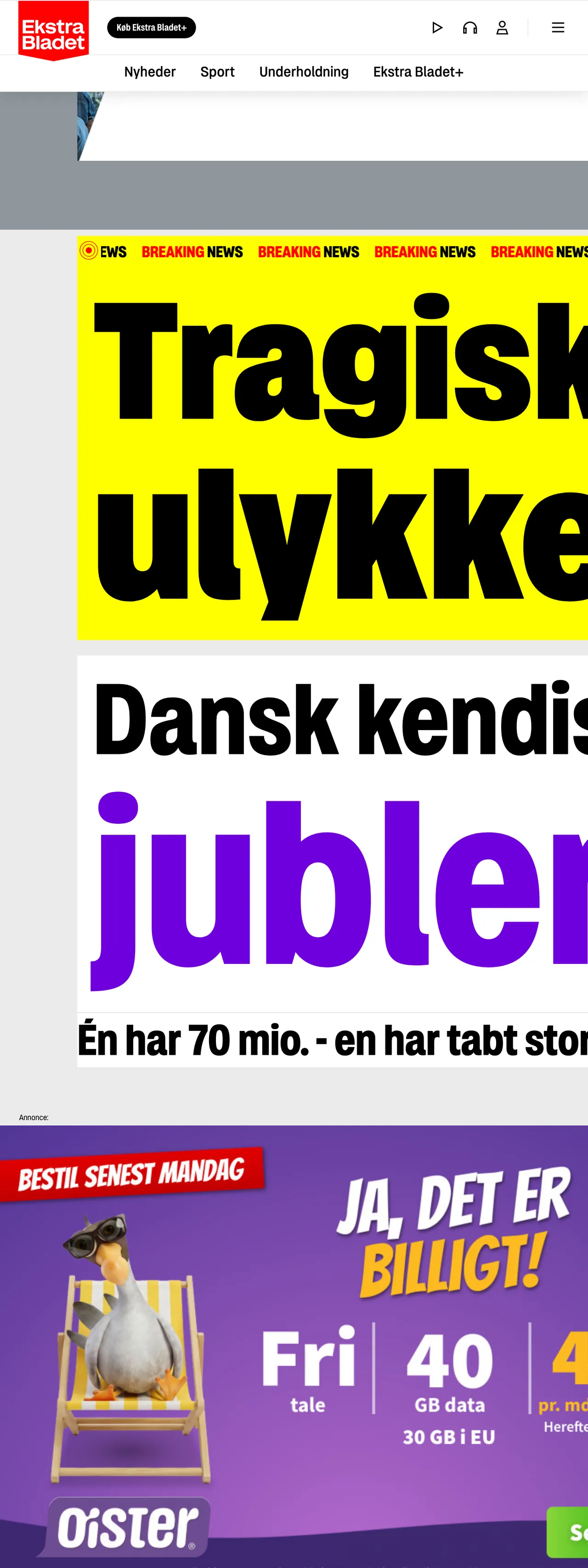 Screenshot of the Ekstra Bladet front page