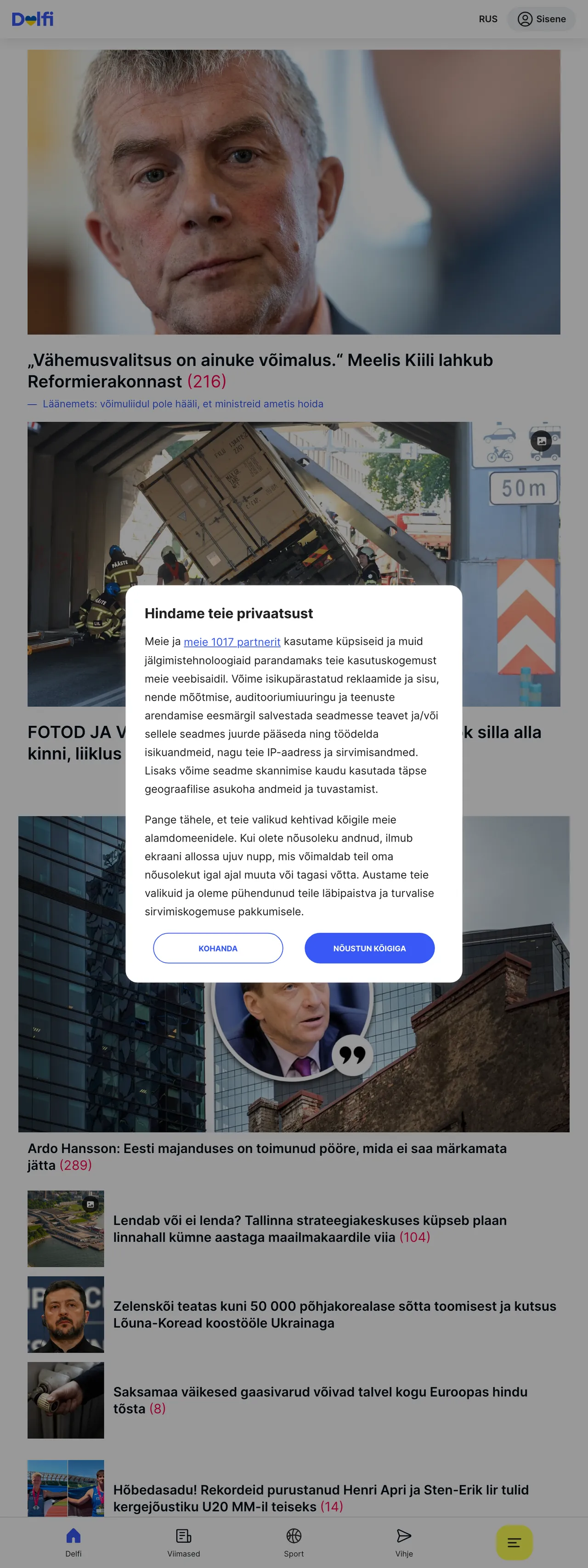 Screenshot of the Delfi front page