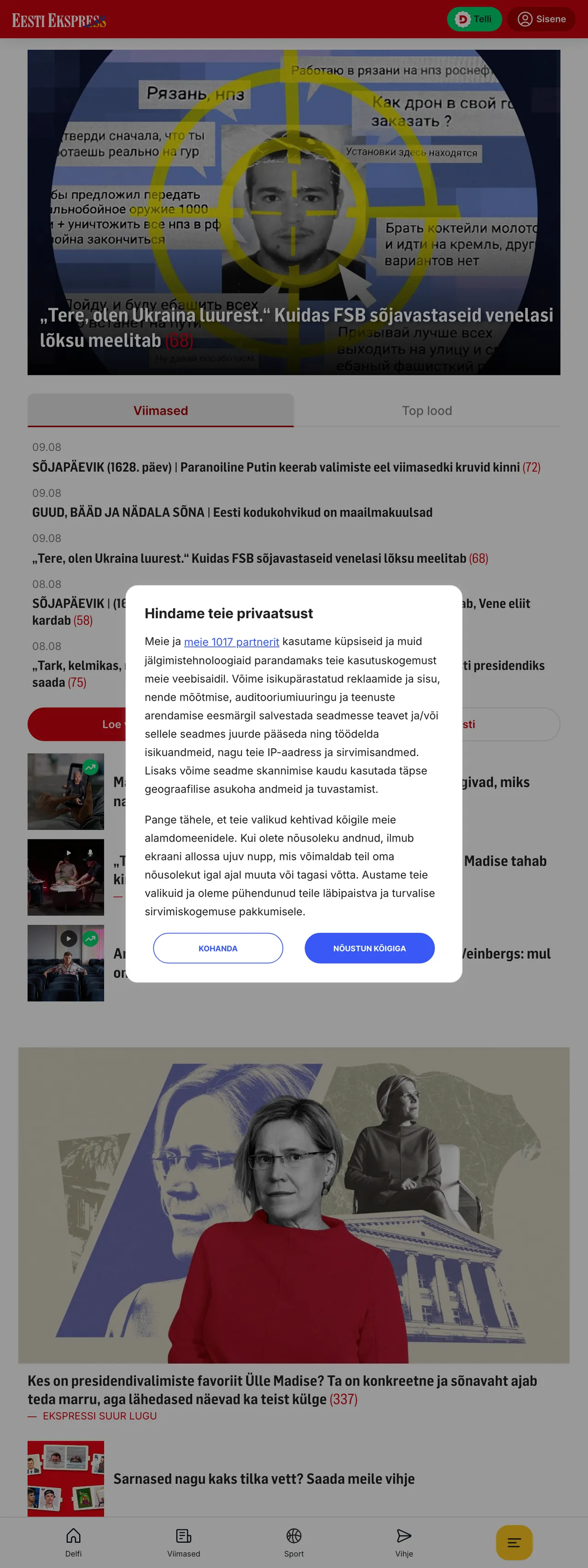 Screenshot of the Eesti Ekspress front page