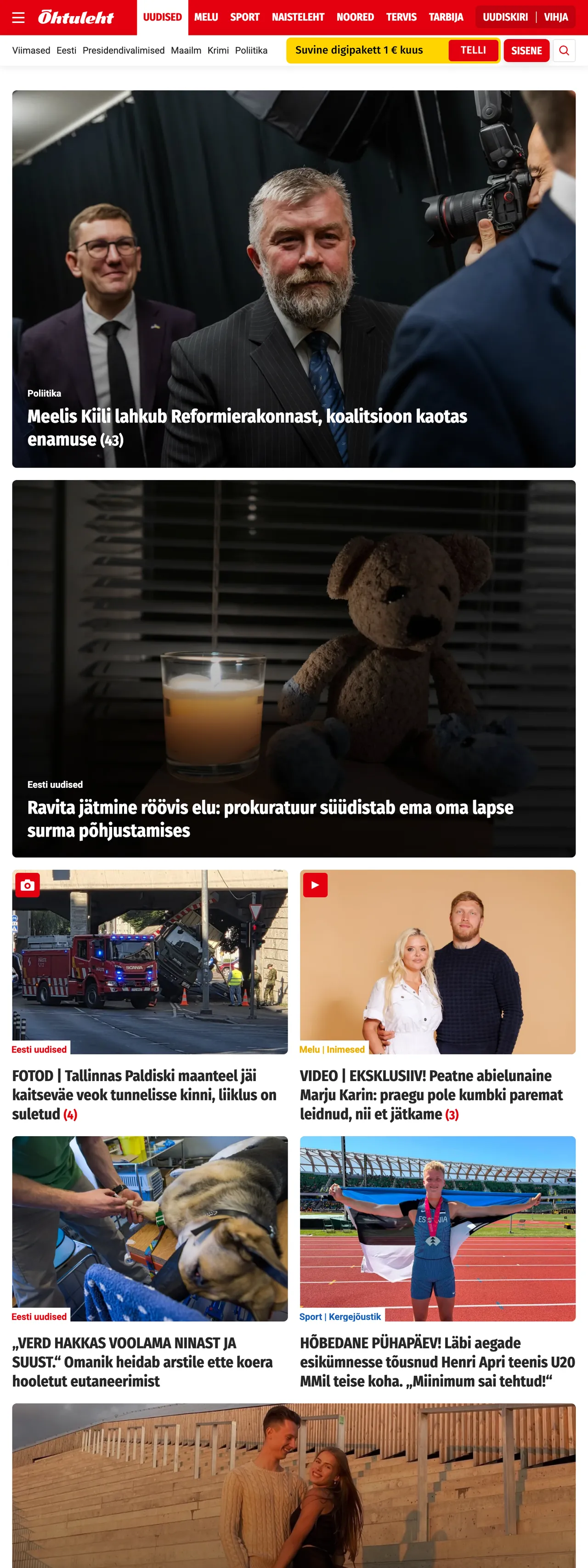 Screenshot of the Õhtuleht front page