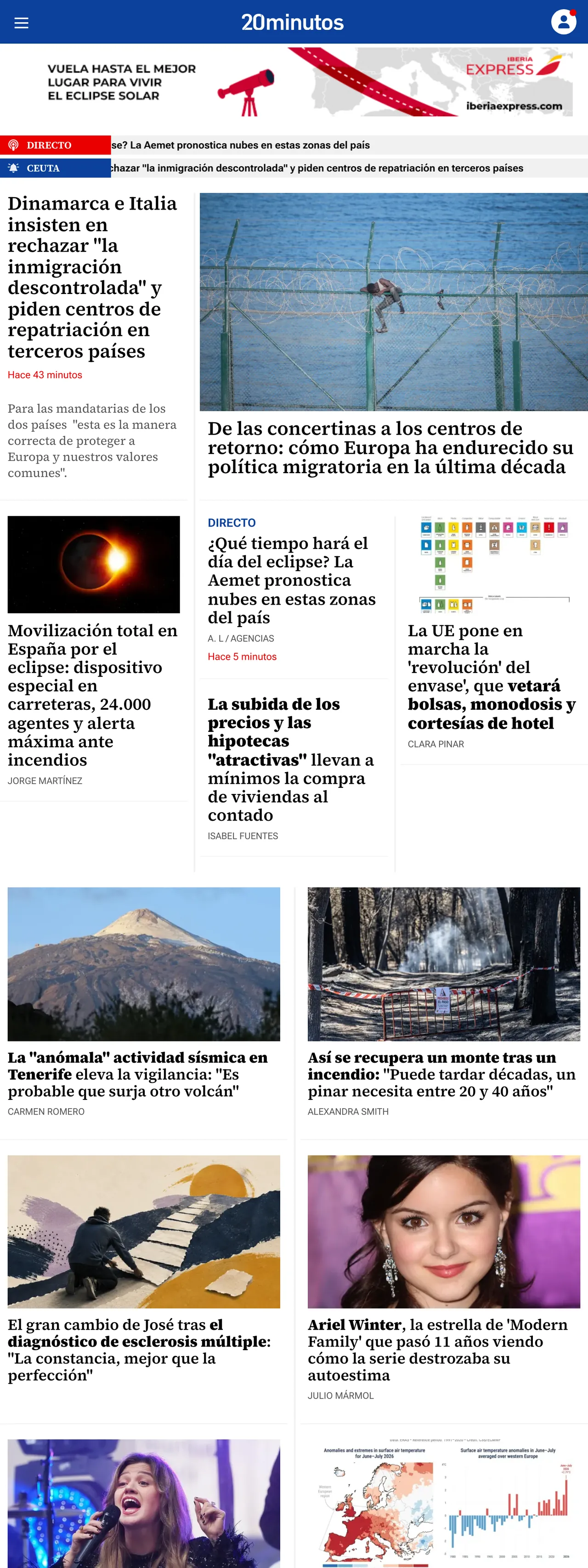 Screenshot of the 20minutos front page