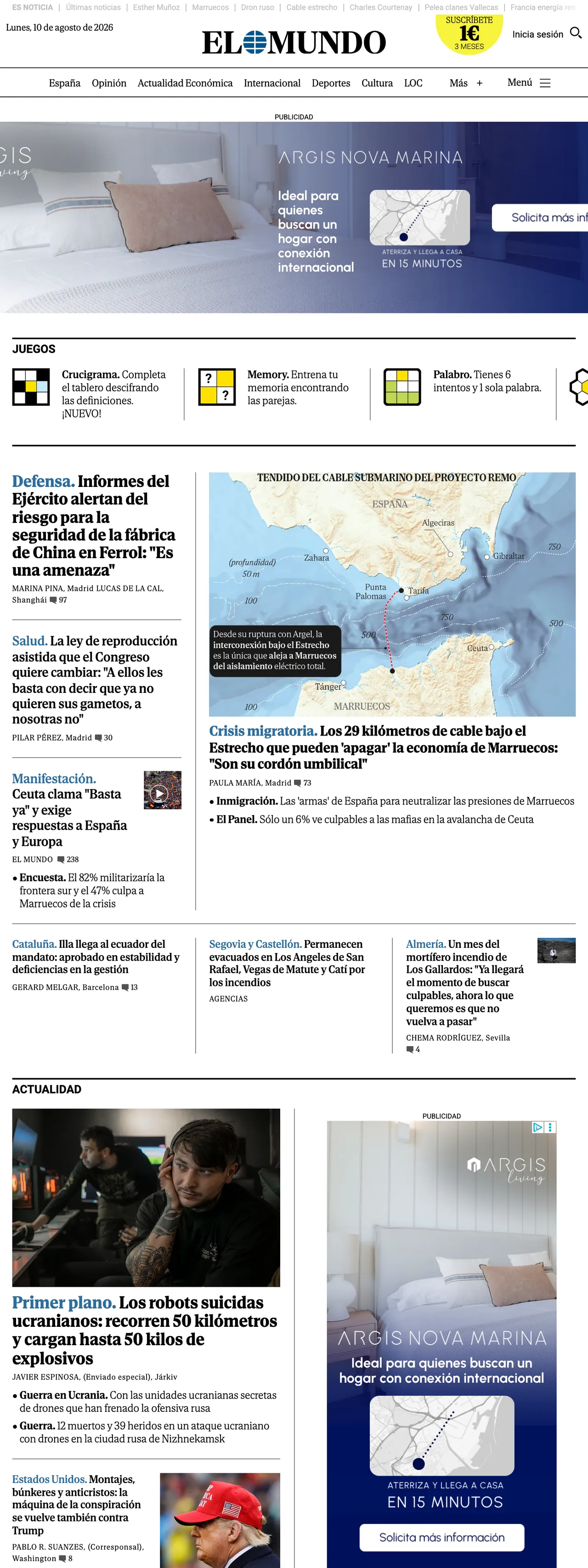 Screenshot of the El Mundo front page