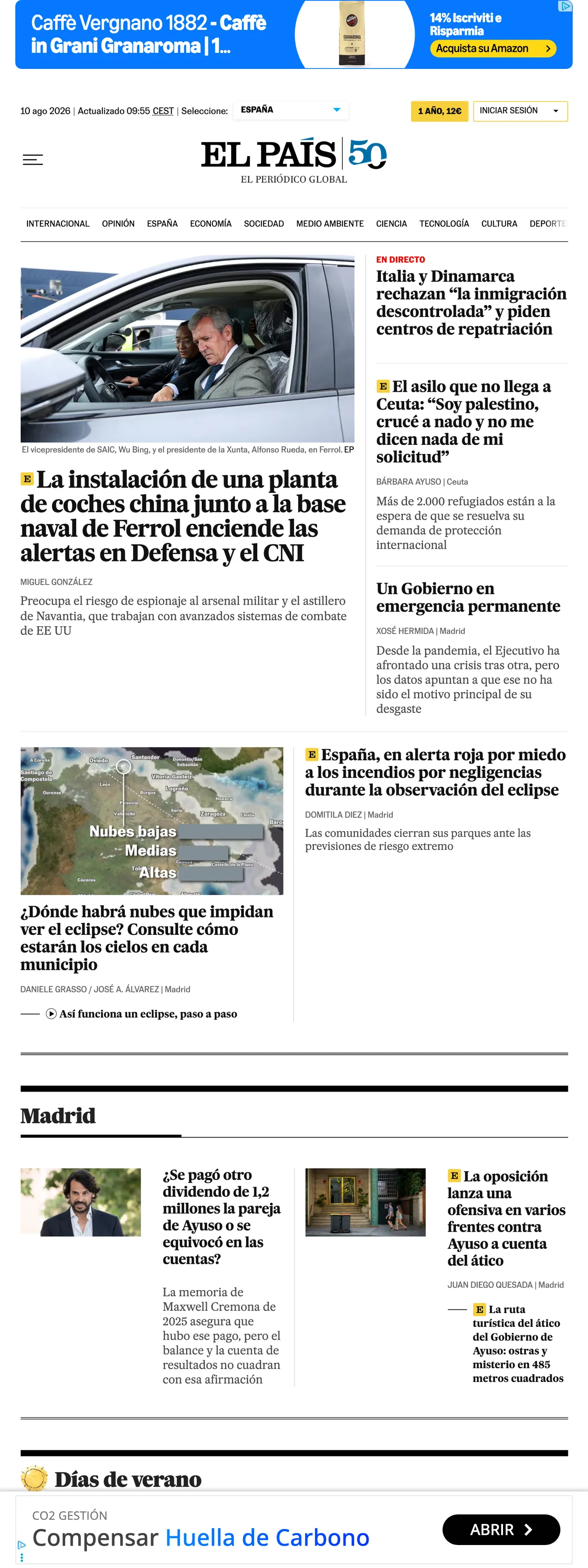 Screenshot of the EL PAÍS front page