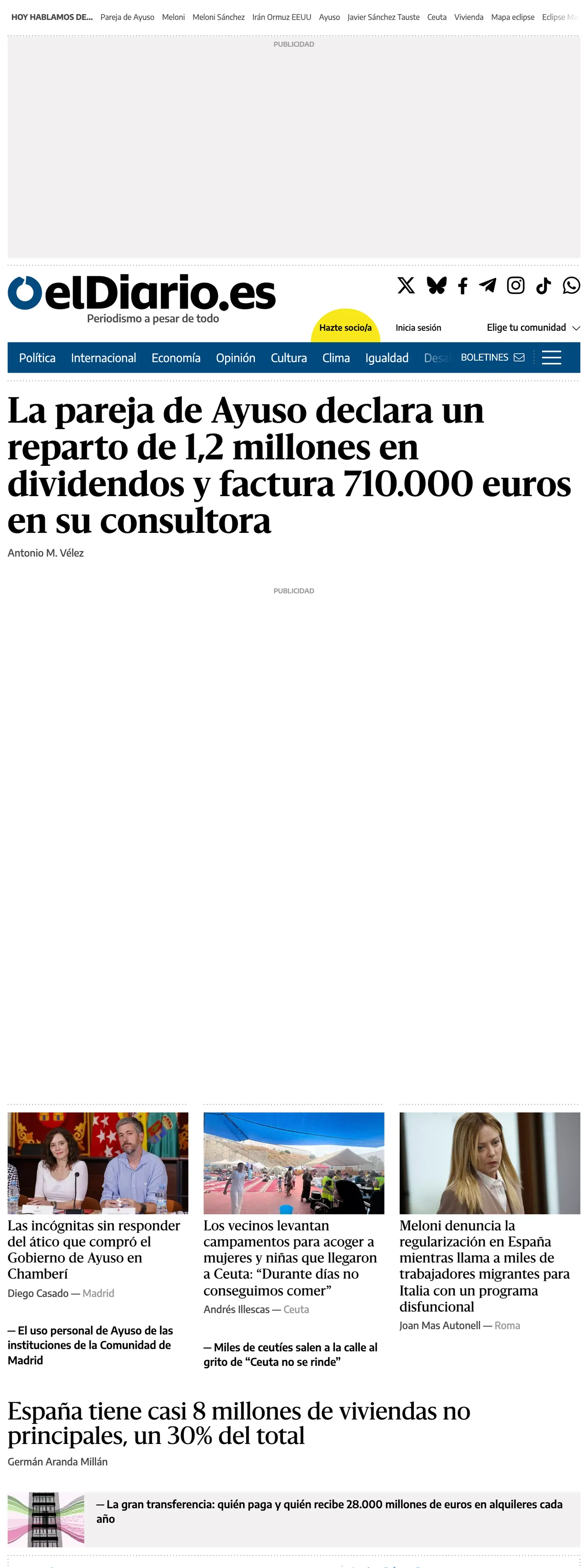 Screenshot of the elDiario.es front page