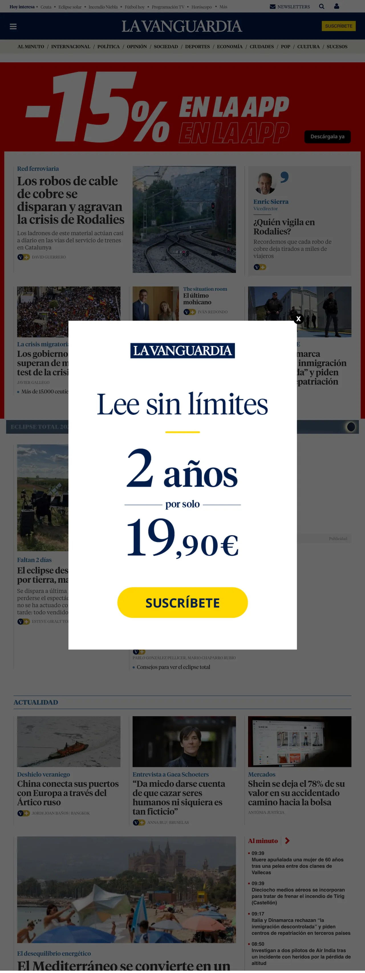 Screenshot of the La Vanguardia front page