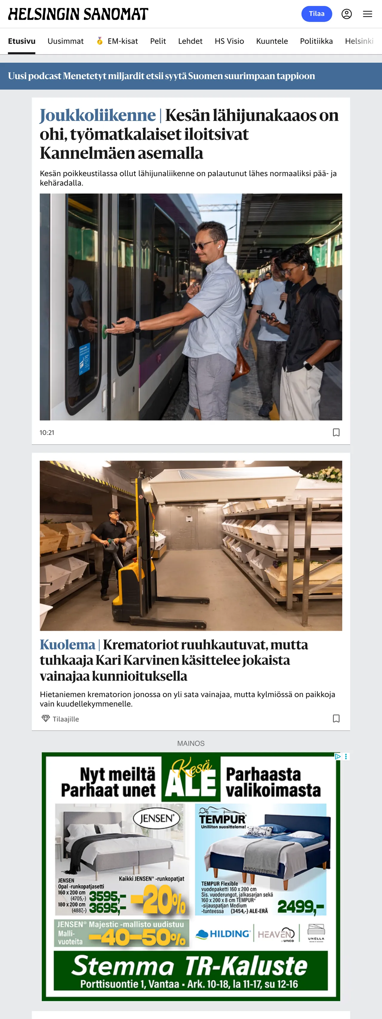 Screenshot of the Helsingin Sanomat front page